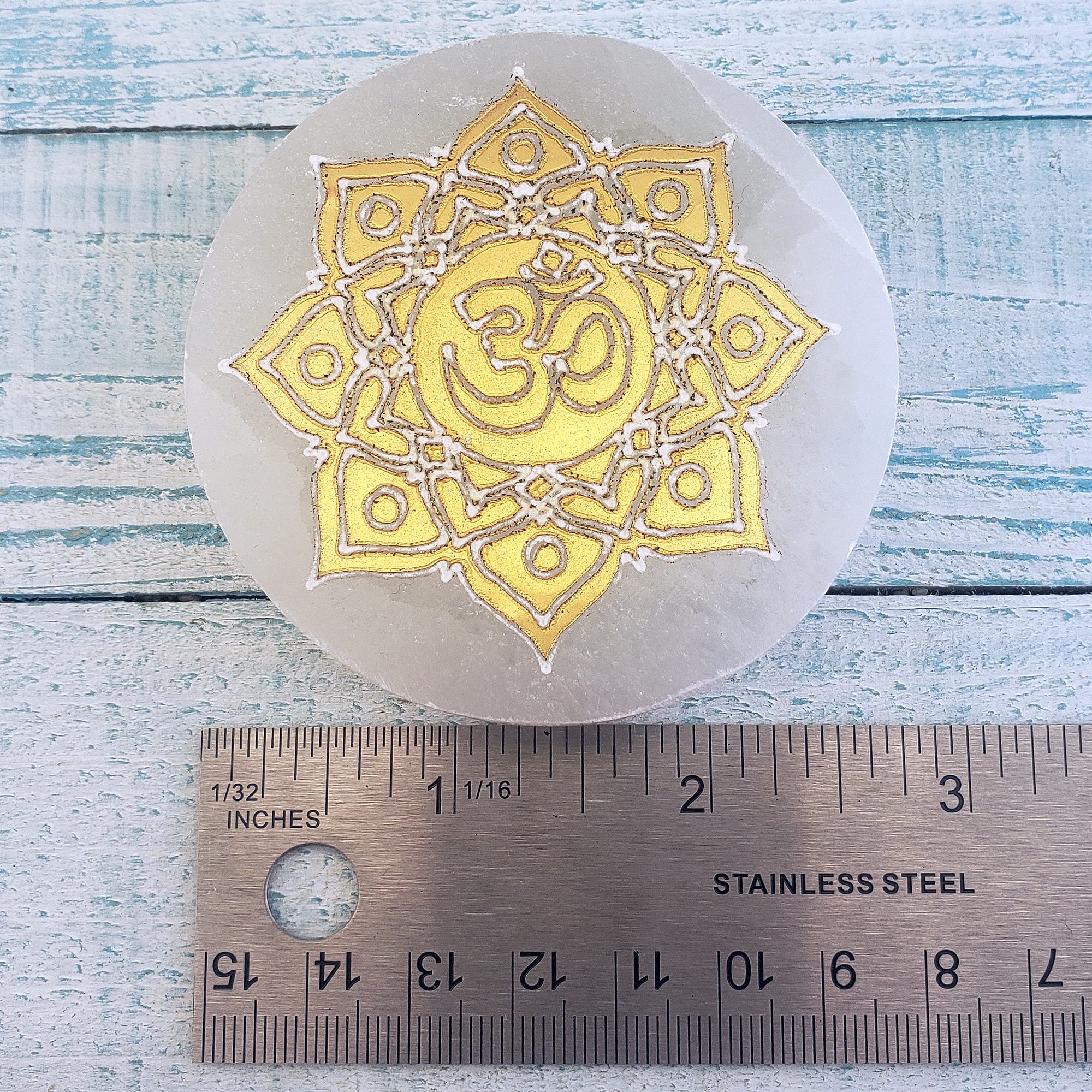 Golden Om Symbol Selenite Crystal Altar Tile Charging Plate - Measurement