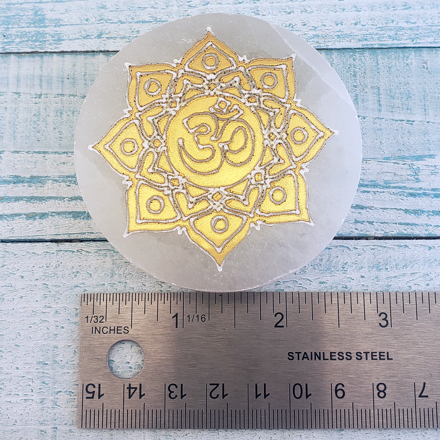 Golden Om Symbol Selenite Crystal Altar Tile Charging Plate - Measurement