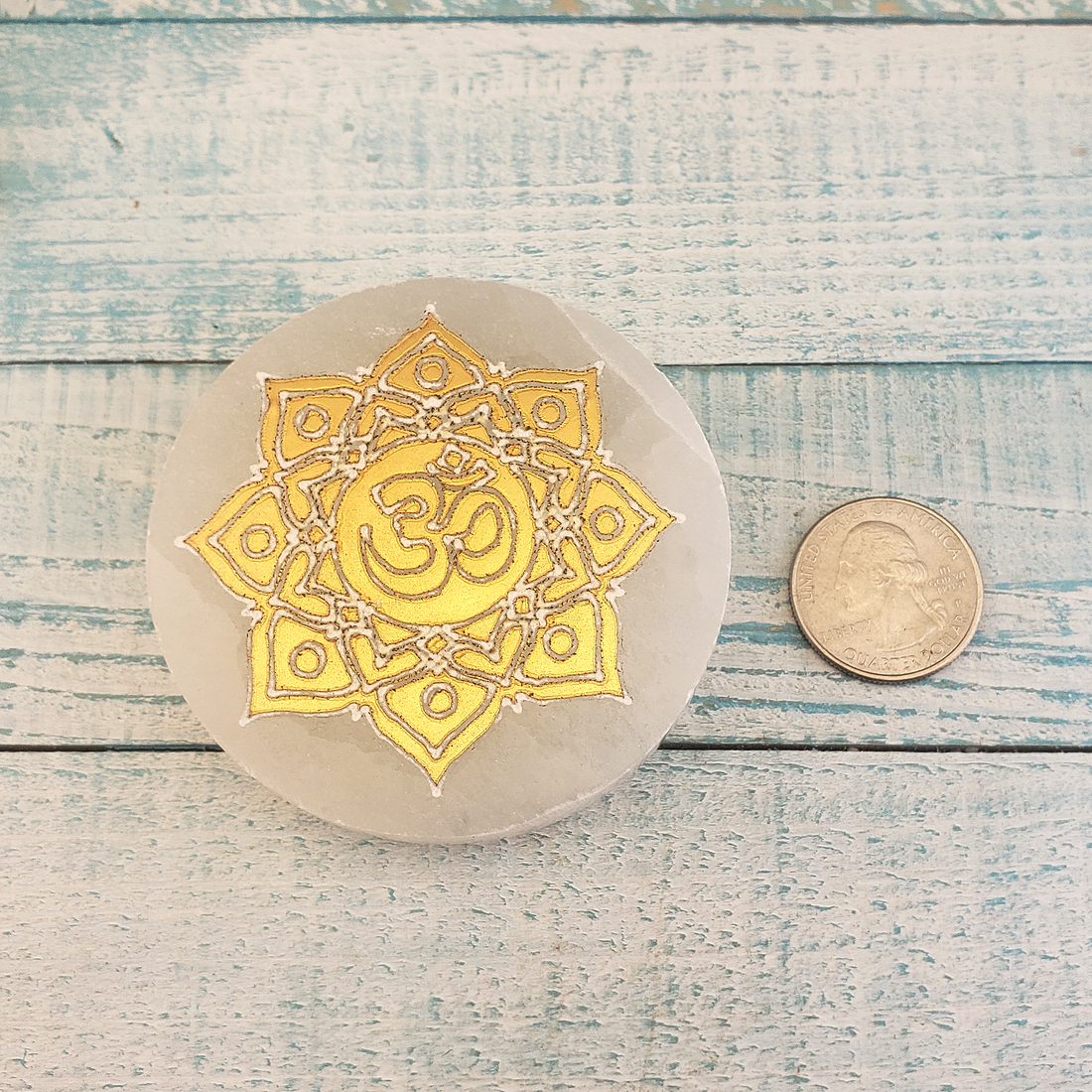 Golden Om Symbol Selenite Crystal Altar Tile Charging Plate - Size Comparison