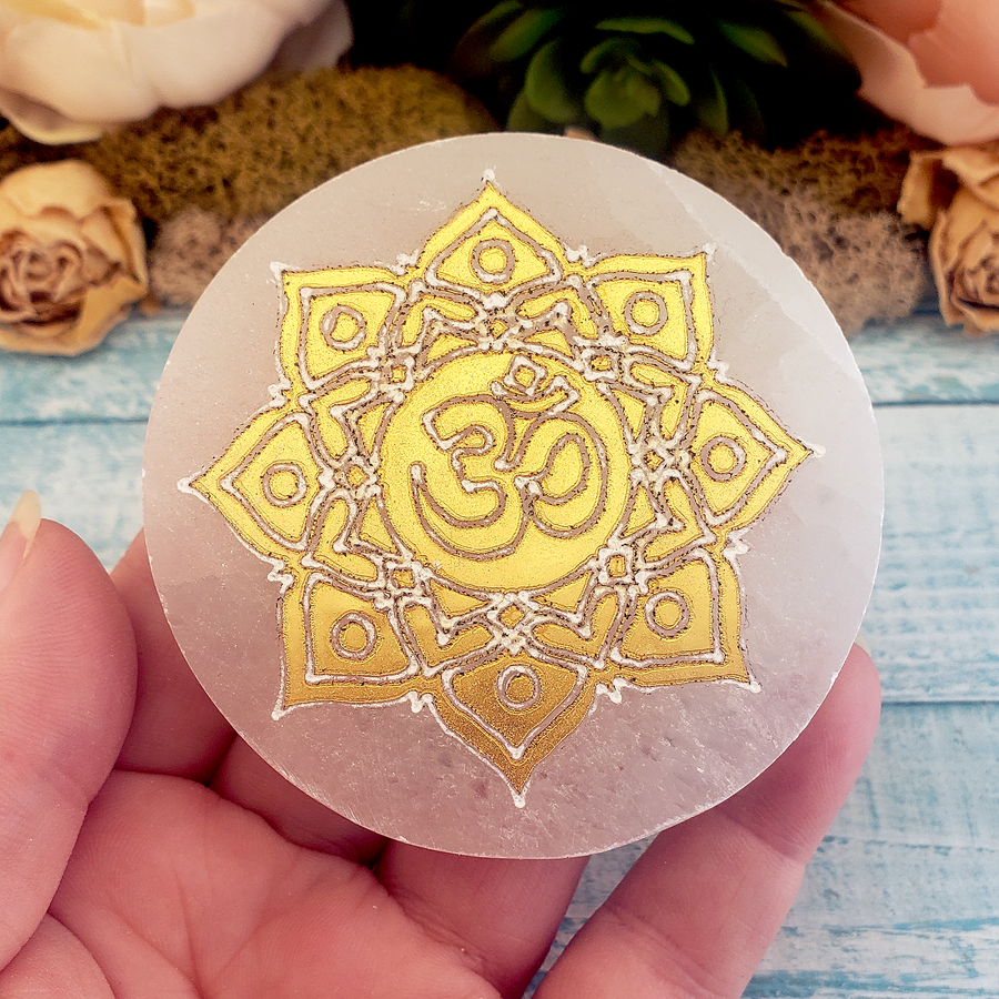 Golden Om Symbol Selenite Crystal Altar Tile Charging Plate