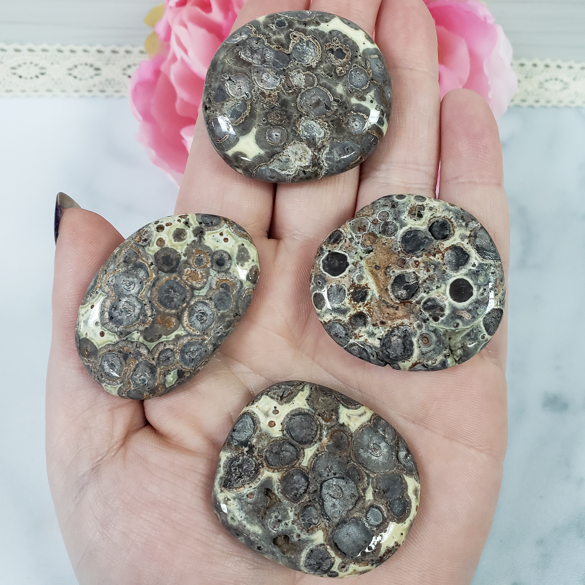 Gray Leopard Skin Jasper Natural Crystal Palm Stone Worry Stone Meditation Tool - IN HAND