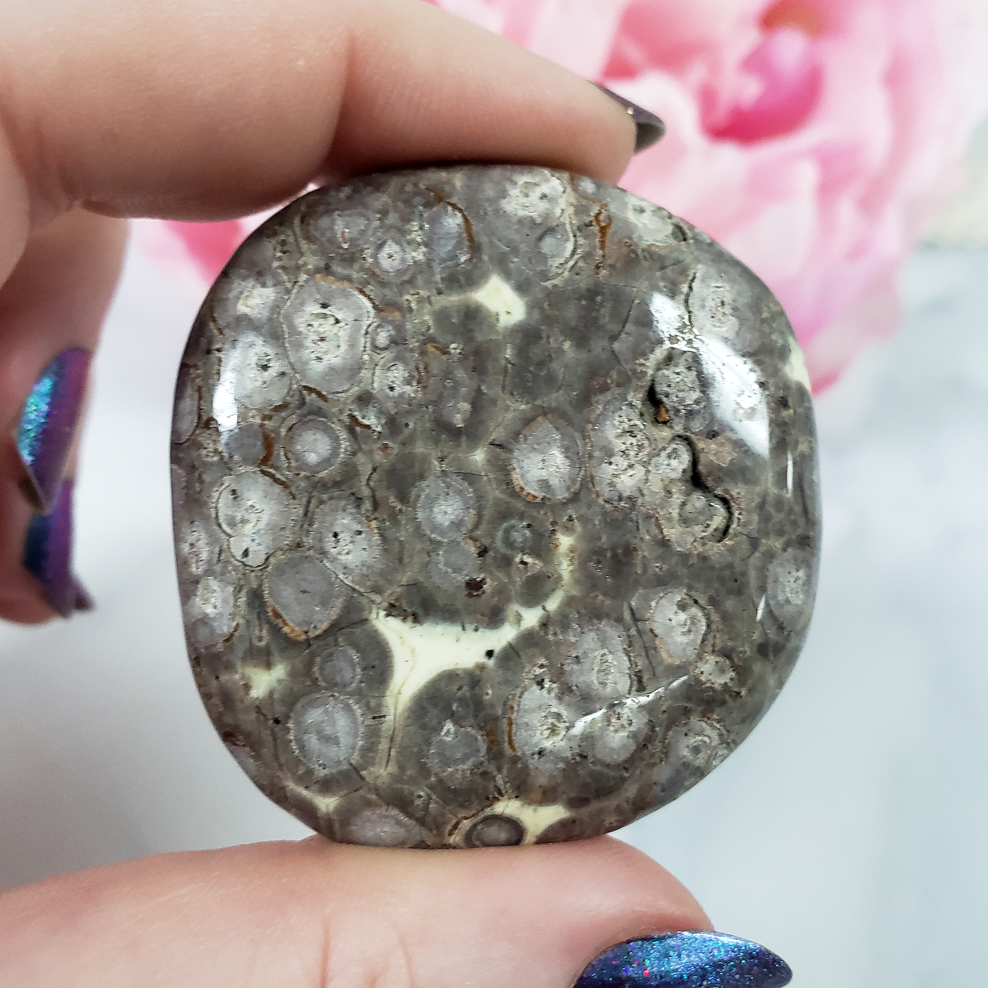 Gray Leopard Skin Jasper Natural Crystal Palm Stone Worry Stone Meditation Tool - CLOSE UP 2