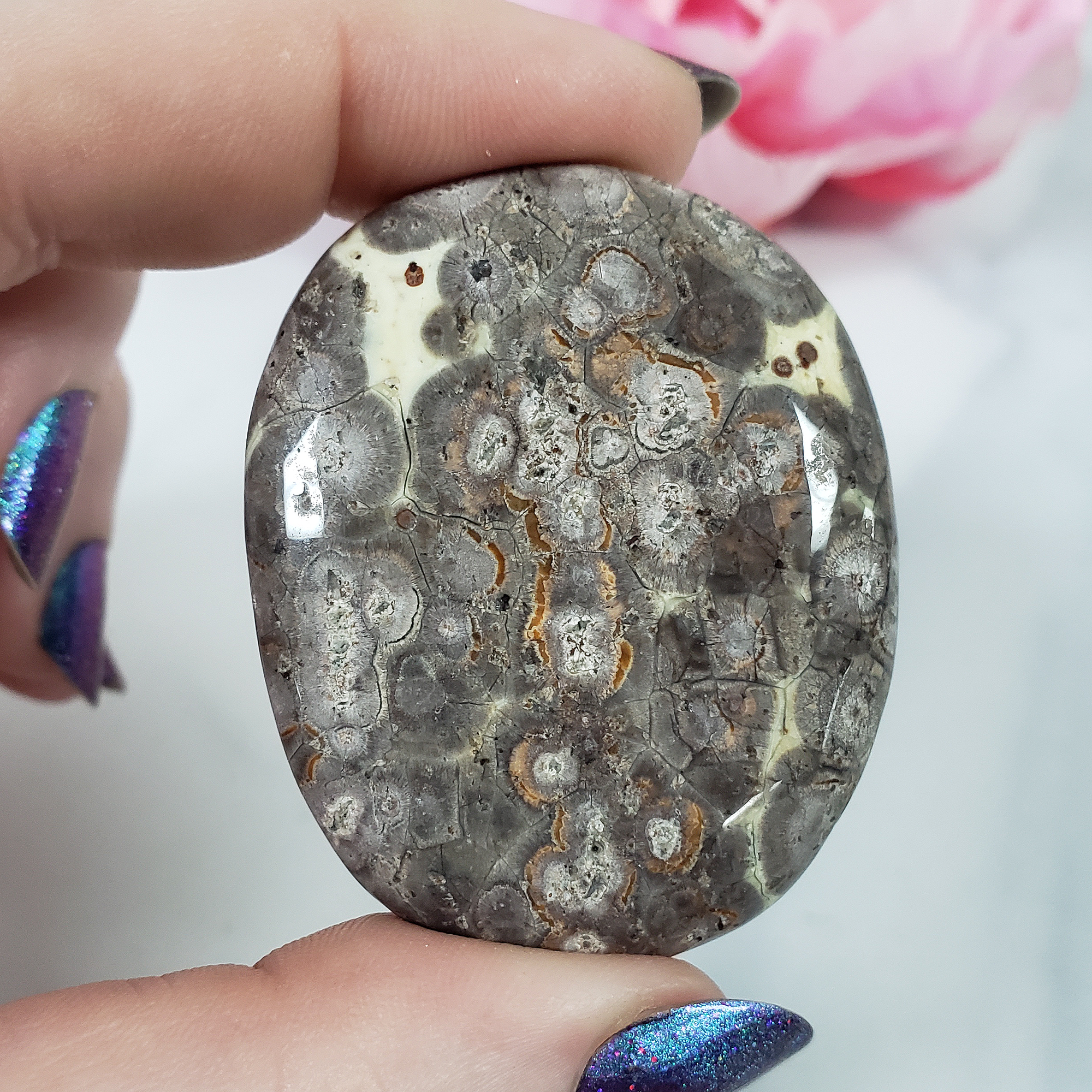 Gray Leopard Skin Jasper Natural Crystal Palm Stone Worry Stone Meditation Tool - CLOSE UP 1