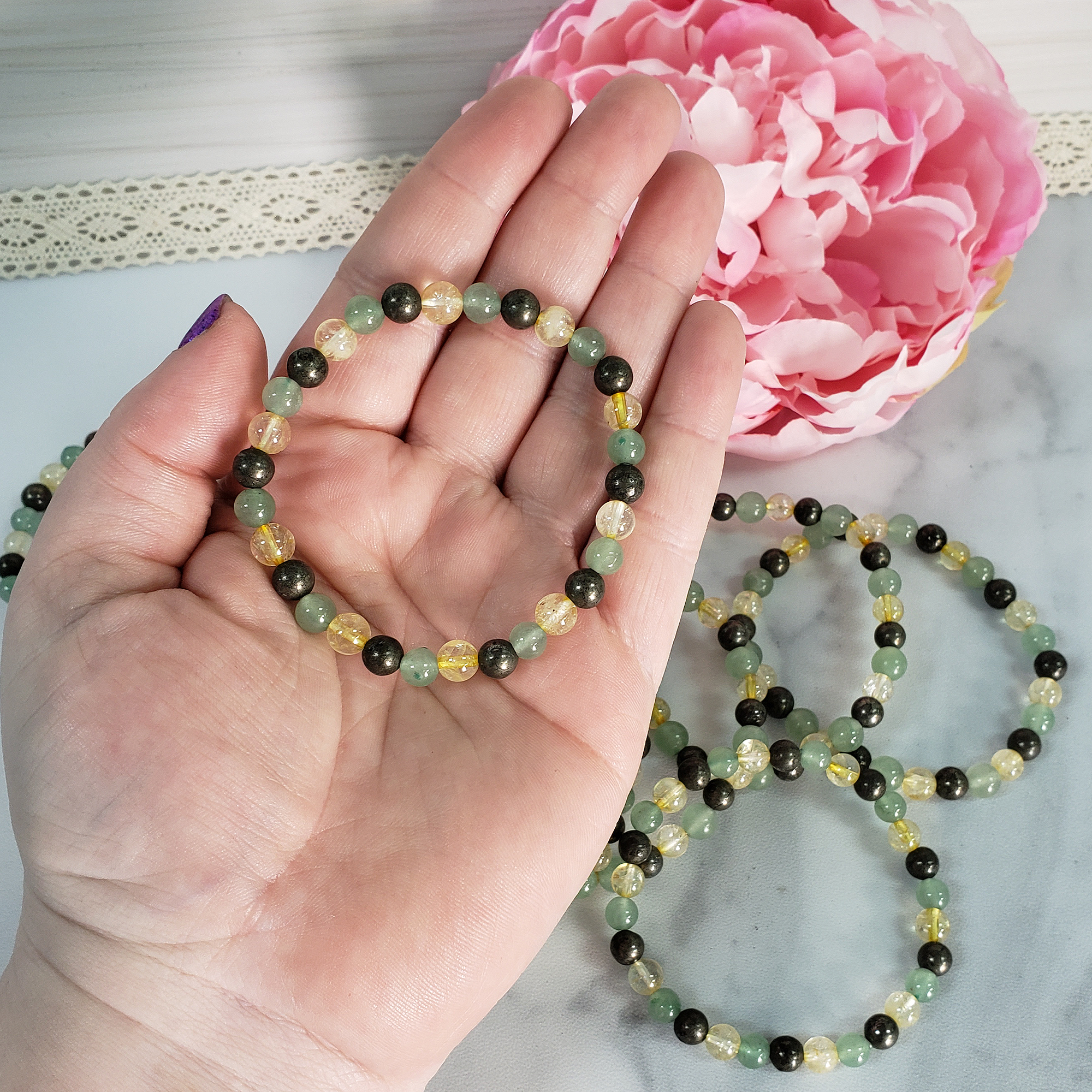 Good Luck Crystals | Citrine Pyrite & Green Aventurine Natural Gemstone 5-6mm Beaded Bracelet - 2