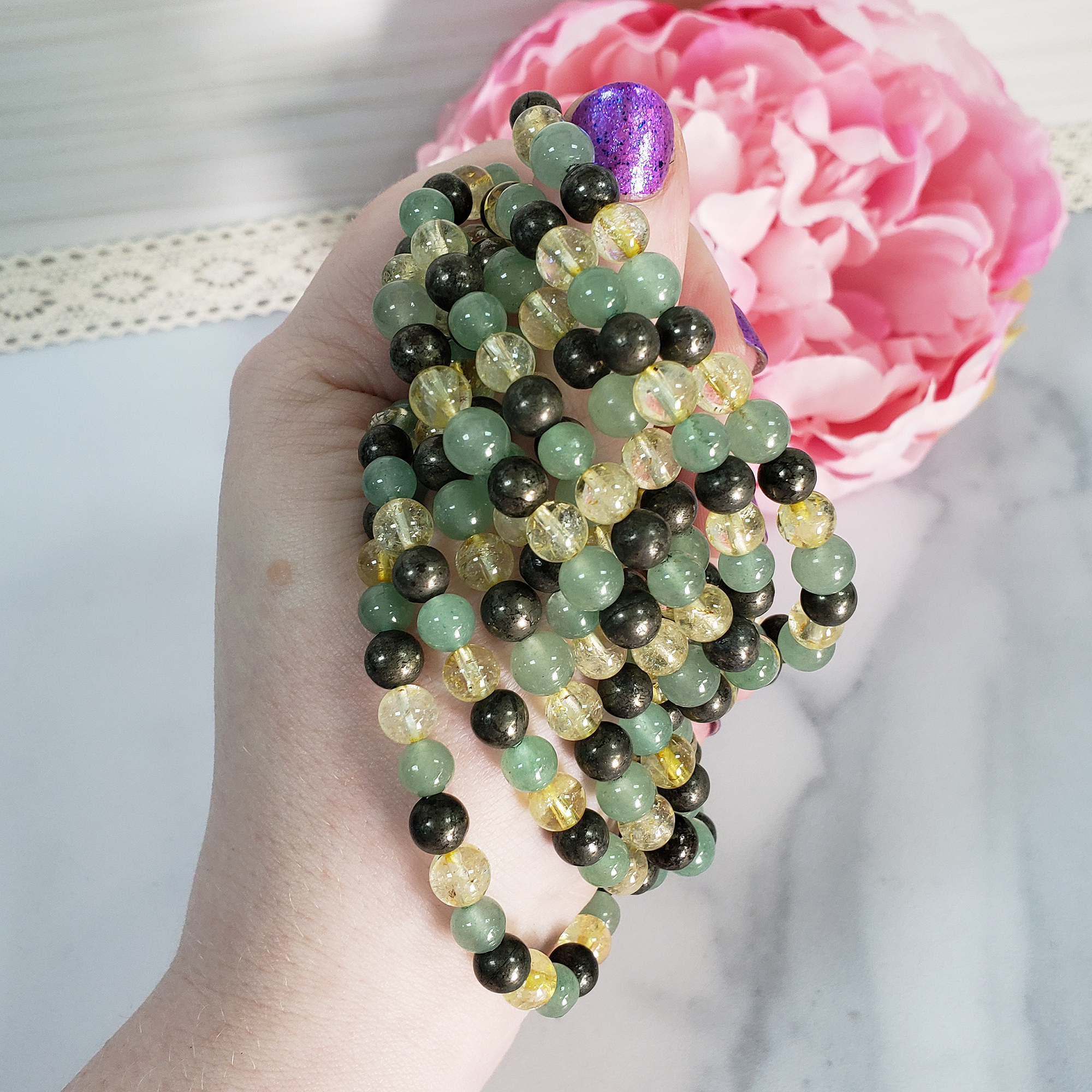 Good Luck Crystals | Citrine Pyrite & Green Aventurine Natural Gemstone 5-6mm Beaded Bracelet - 3