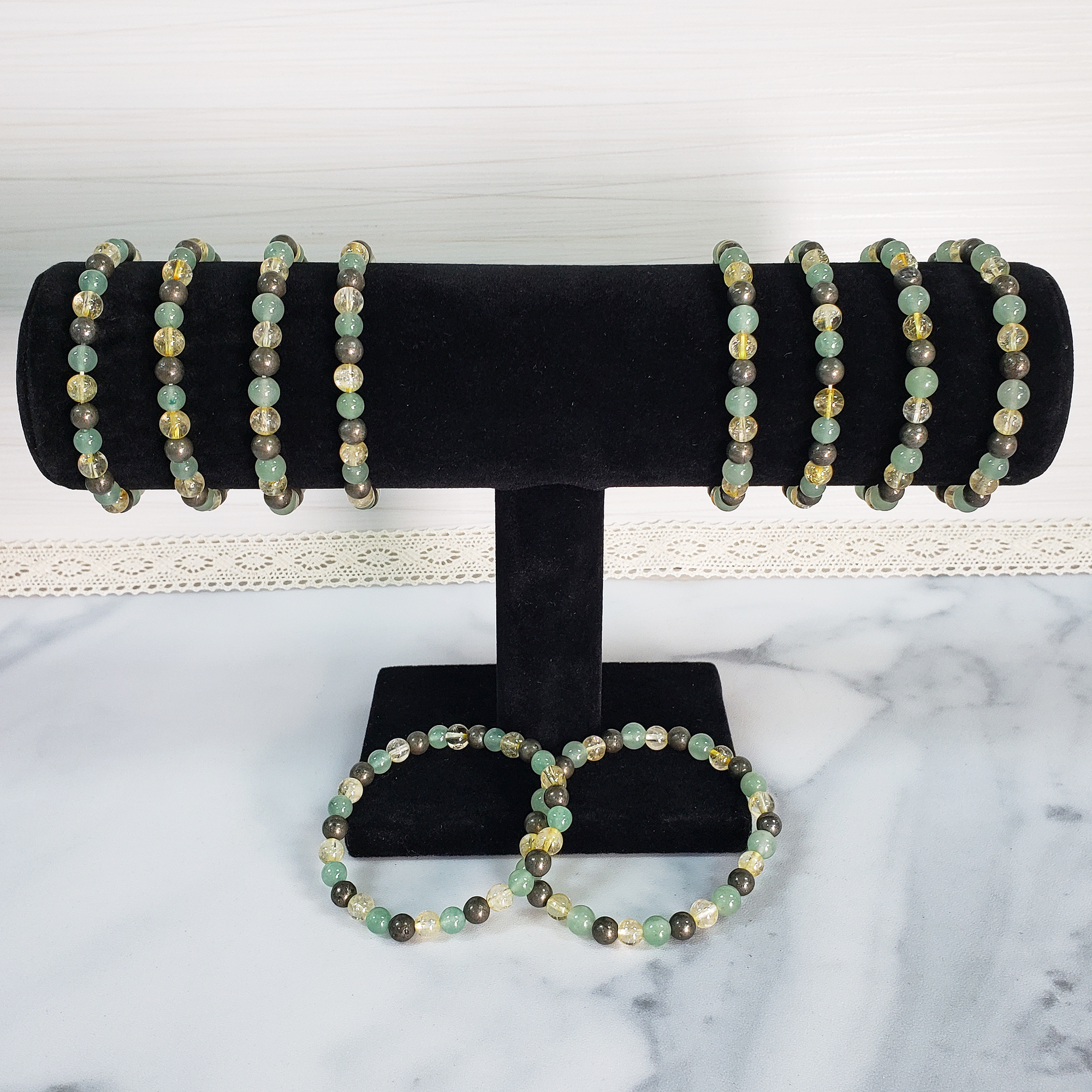 Good Luck Crystals | Citrine Pyrite & Green Aventurine Natural Gemstone 5-6mm Beaded Bracelet