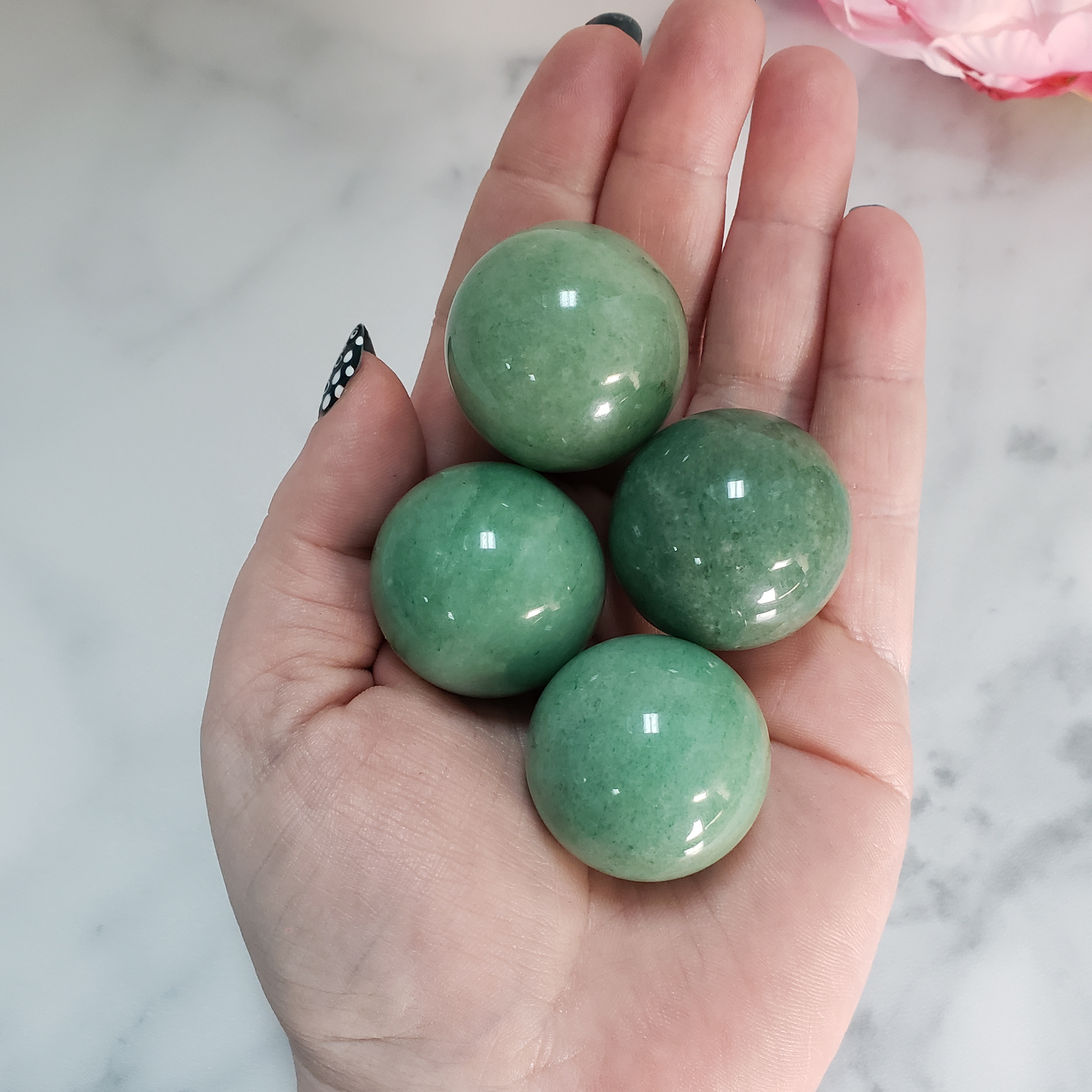 Green Aventurine Natural Crystal Sphere Gemstone Orb - One 30mm Sphere - Four Orbs in Hand