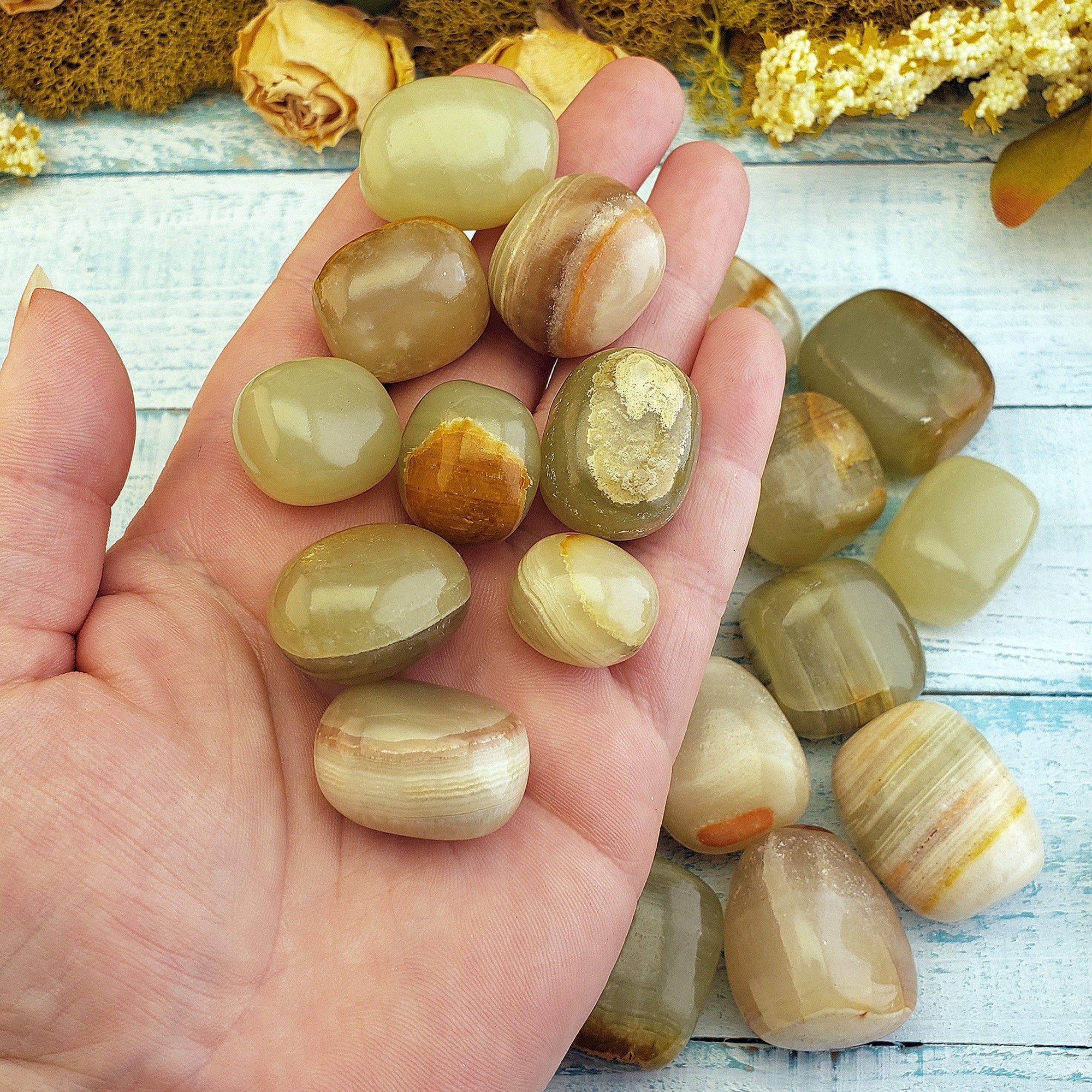 Green Calcite Crystal with Aragonite Natural Tumbled Stone | aka Marble Green Onyx - 1