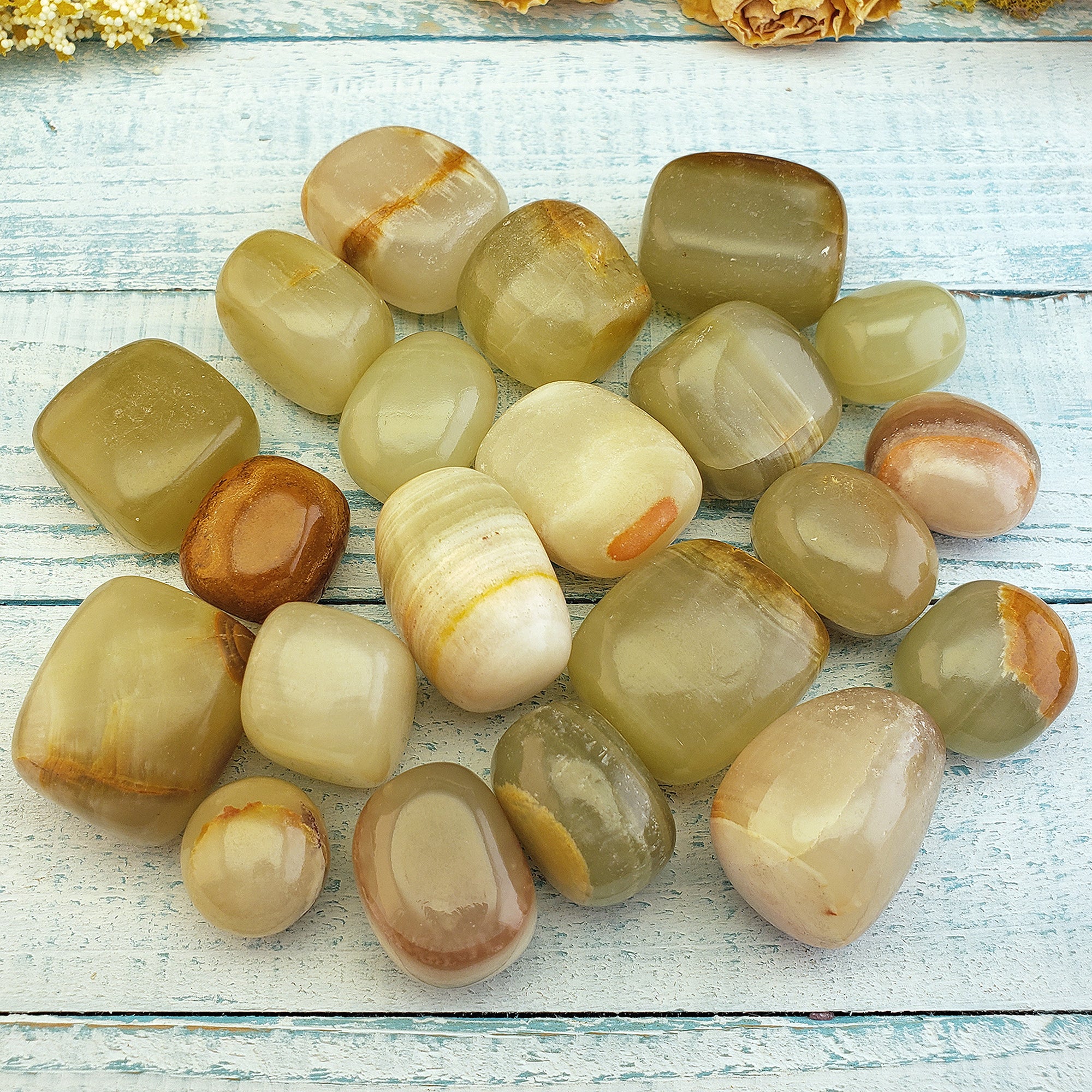 Green Calcite Crystal with Aragonite Natural Tumbled Stone | aka Marble Green Onyx - 2