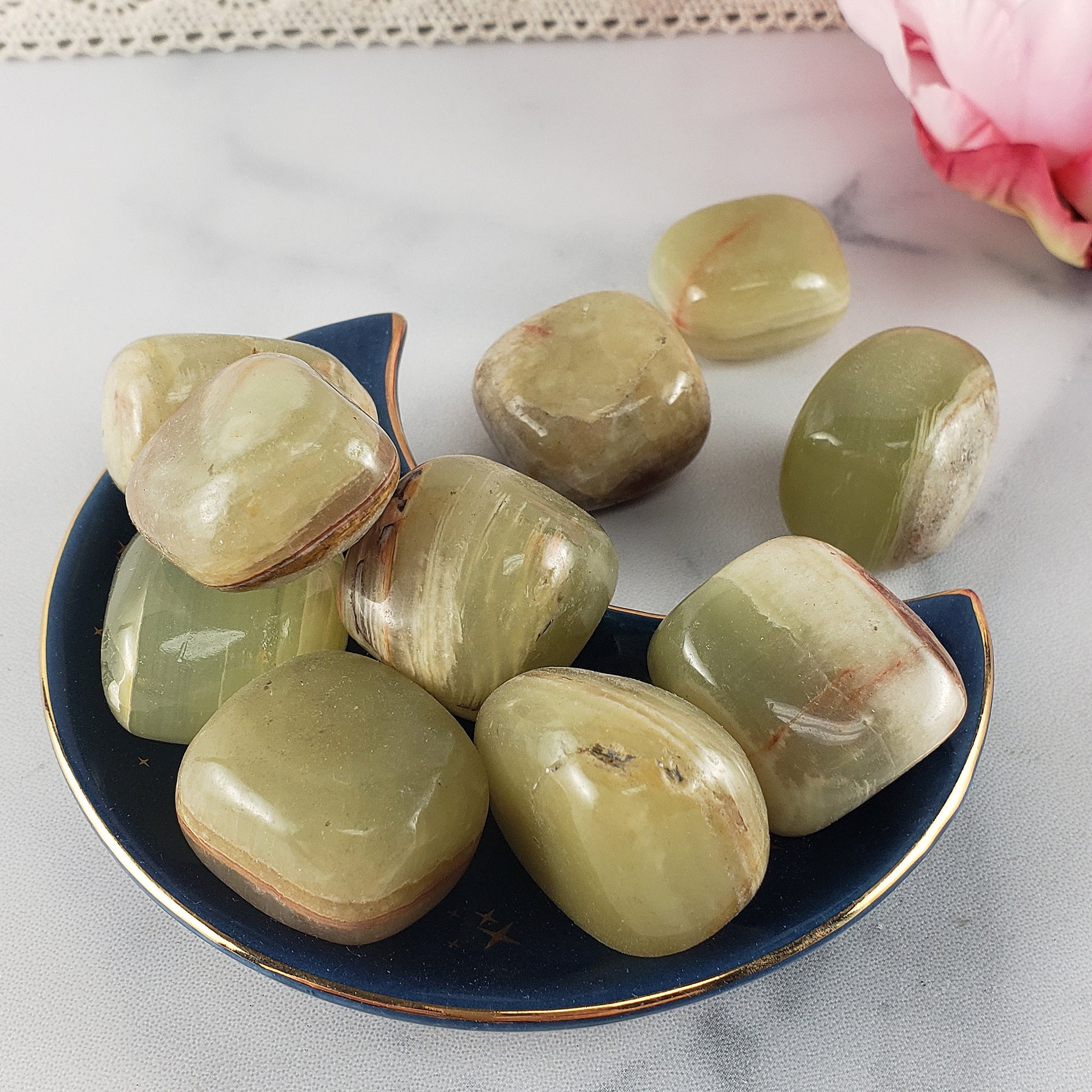 Green Calcite Crystal with Aragonite Natural Tumbled Stone | aka Marble Green Onyx