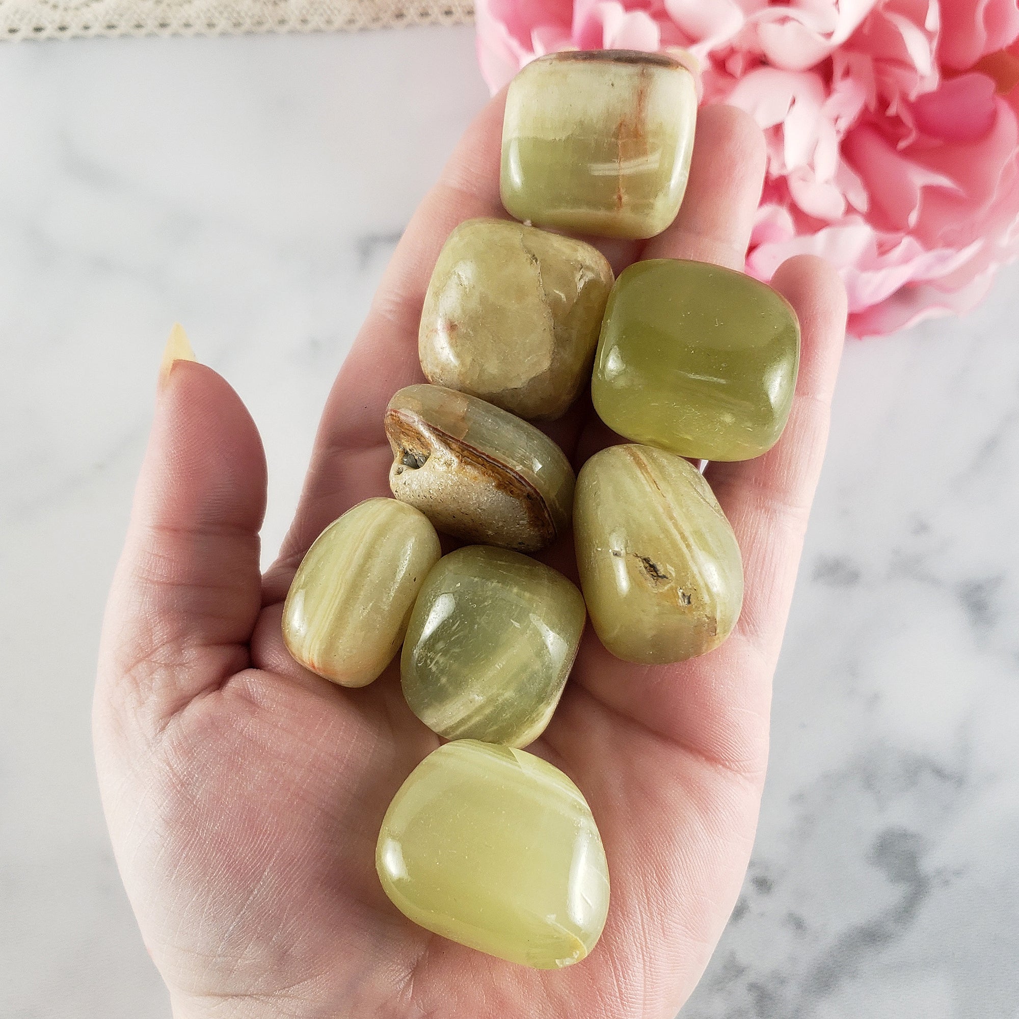 Green Calcite Crystal with Aragonite Natural Tumbled Stone | aka Marble Green Onyx - 4