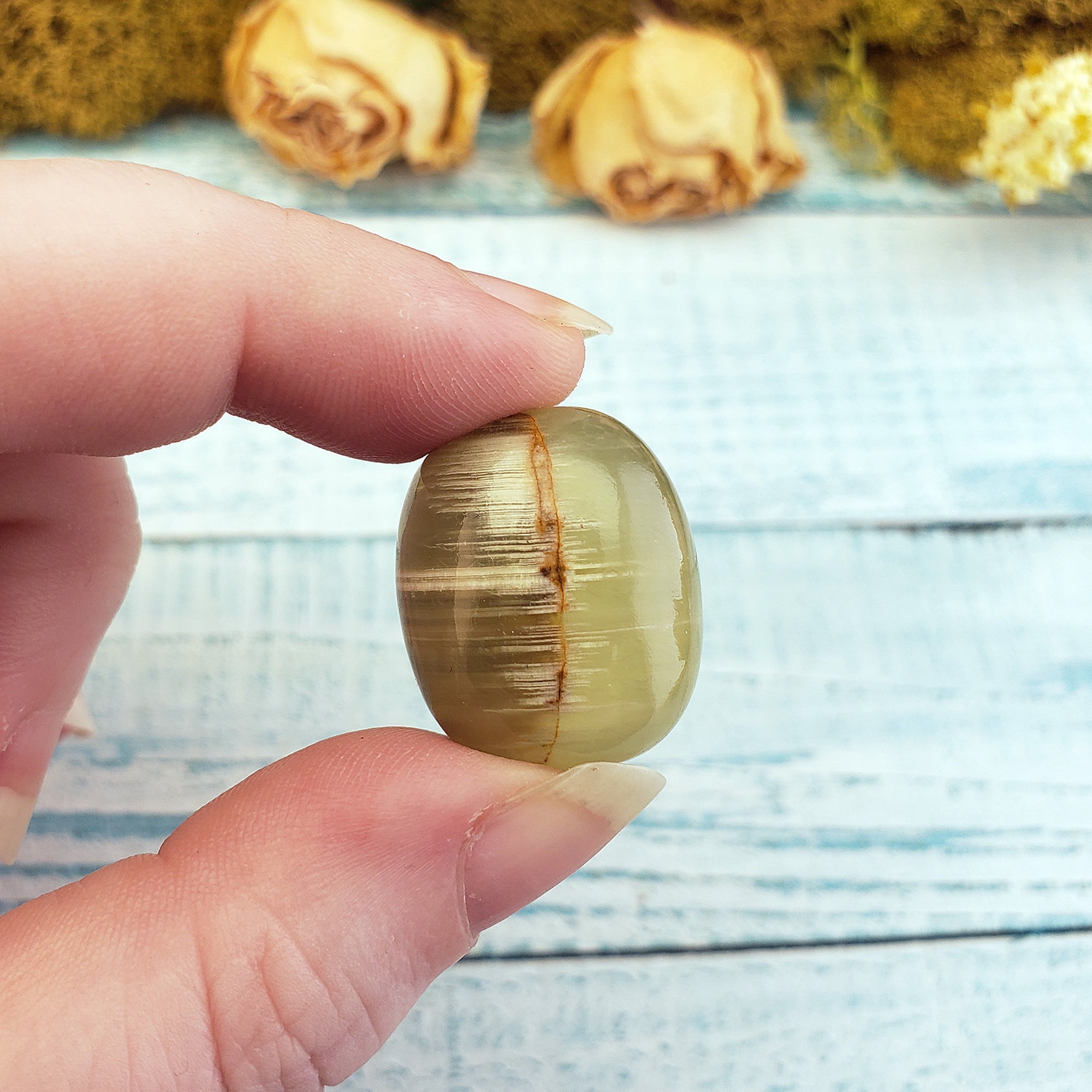 Green Calcite Crystal with Aragonite Natural Tumbled Stone | aka Marble Green Onyx - 6