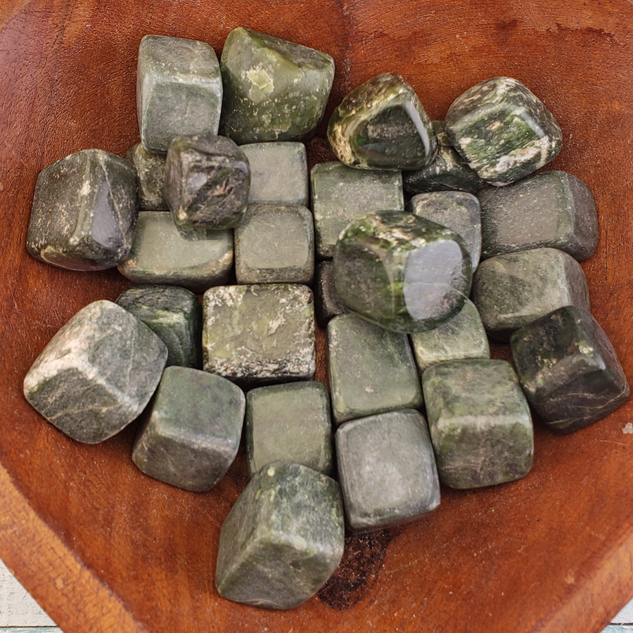 Nephrite Jade Natural Tumbled Stone - One Stone - In Wooden Bowl