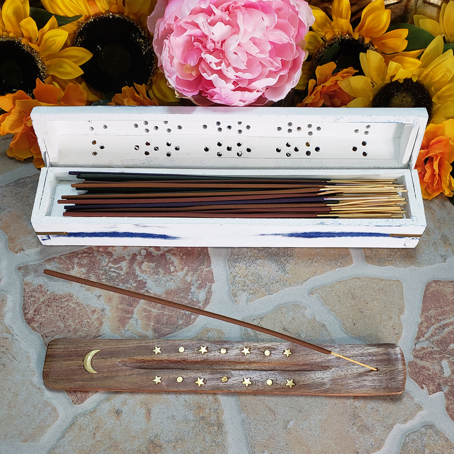 Rustic Incense Sampler Gift Box - Storage Box, Incense Burner Tray, & 50 Incense Sticks! - Open Box