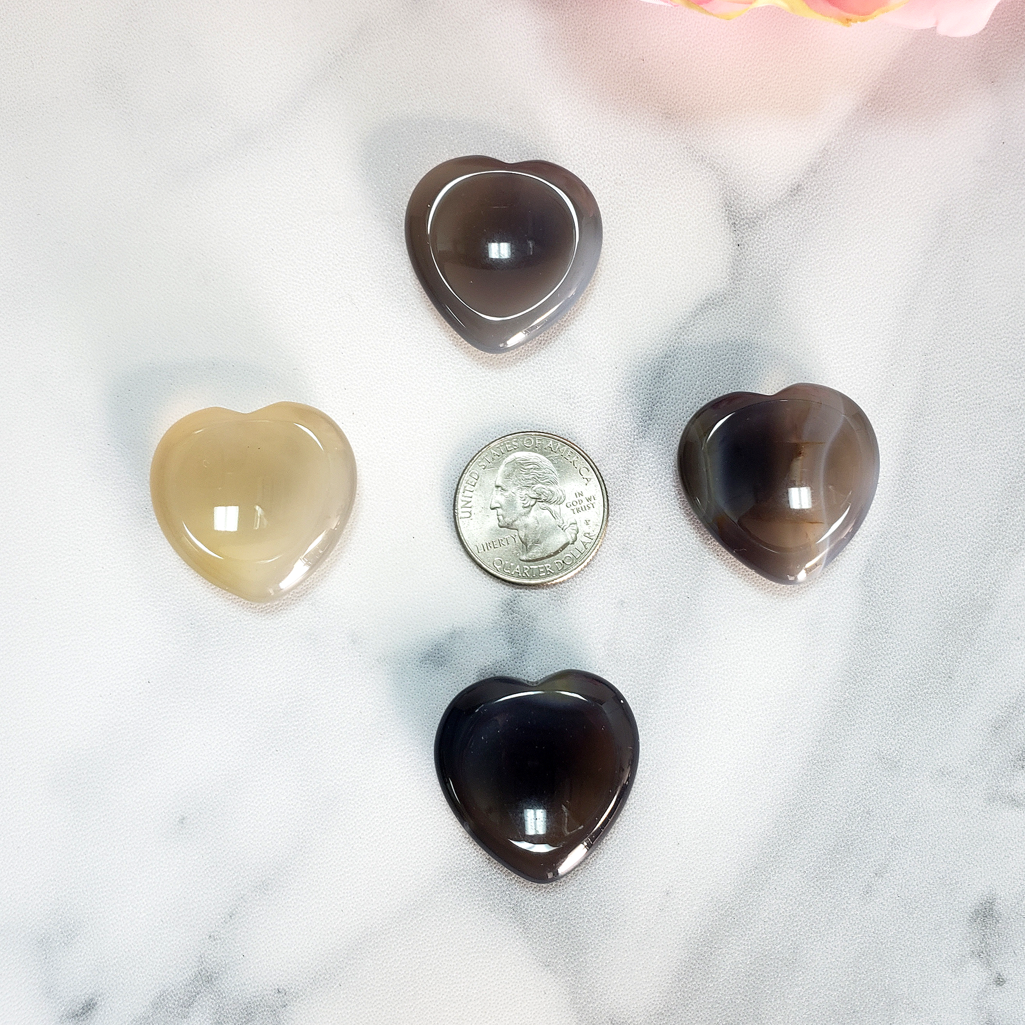 Grey Chalcedony Stone Crystal Heart Shaped Worry Stone - Size Comparison