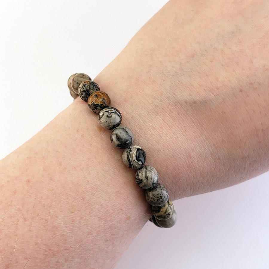 Grey Picasso Jasper Map Jasper 7-8mm Bead Bracelet - On Wrist