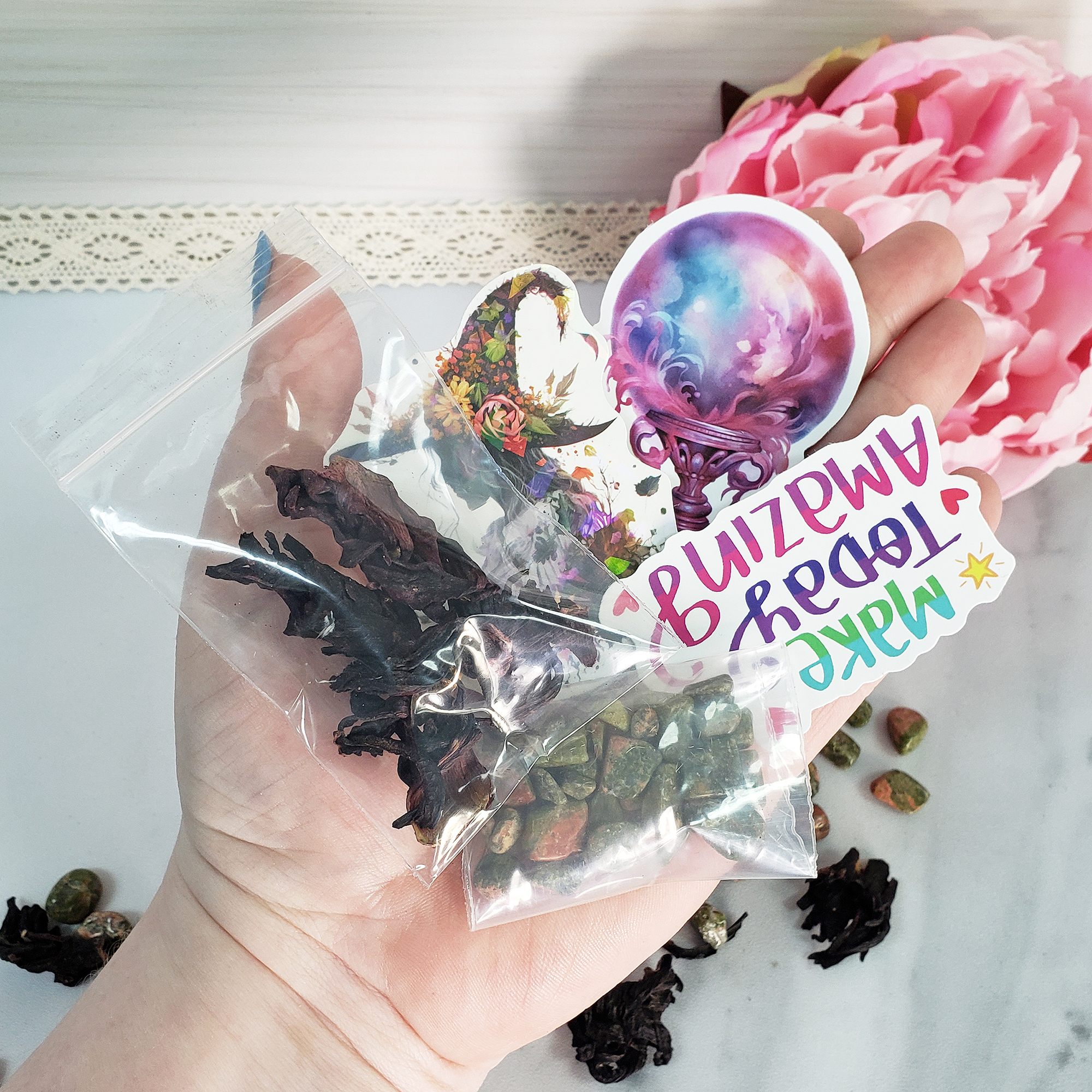 Happy Vibes Bag Crystal Set | Treat Bag with Aesthetic Stickers, Dried Hibiscus, &amp; Unakite Crystal Chips - 1