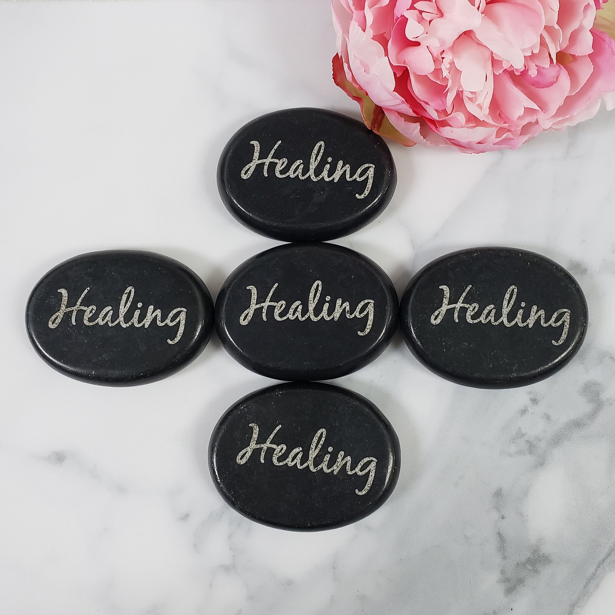 Black Basalt Rock Natural Crystal Etched Affirmation Stone | Healing - 5
