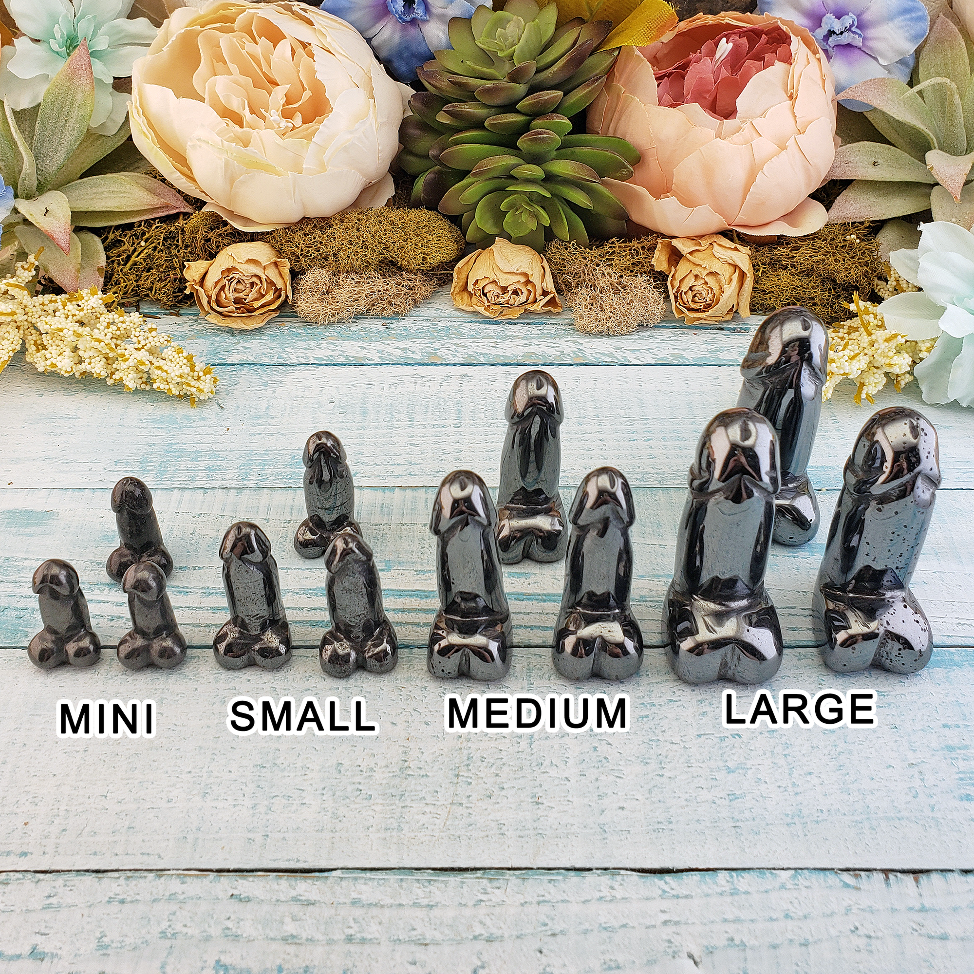 Big Dick Energy - Hematite Crystal Penis Power Totem Gift Box - Sizing and Shape Comparison