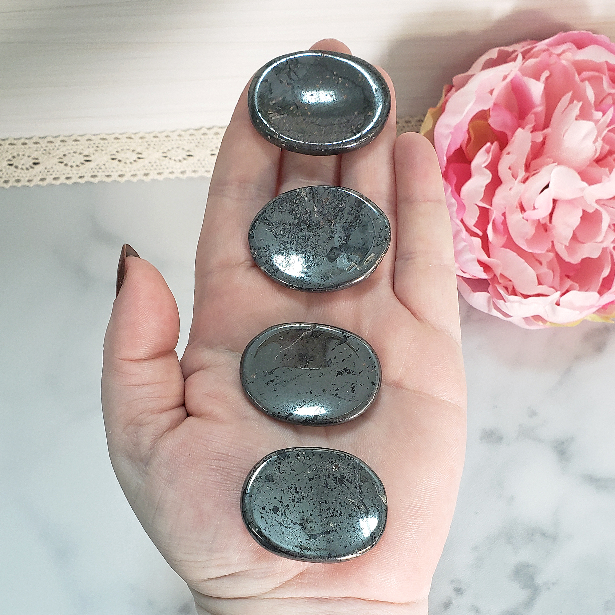 Hematite Crystal Natural Gemstone Worry Stone - Palm Stones for Meditation on Hand