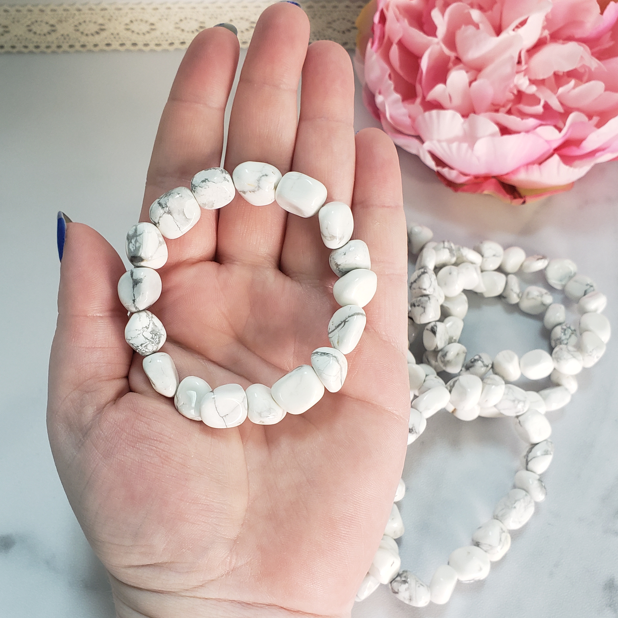 White Howlite Crystal Natural Gemstone Nugget Bead Bracelet - In Hand