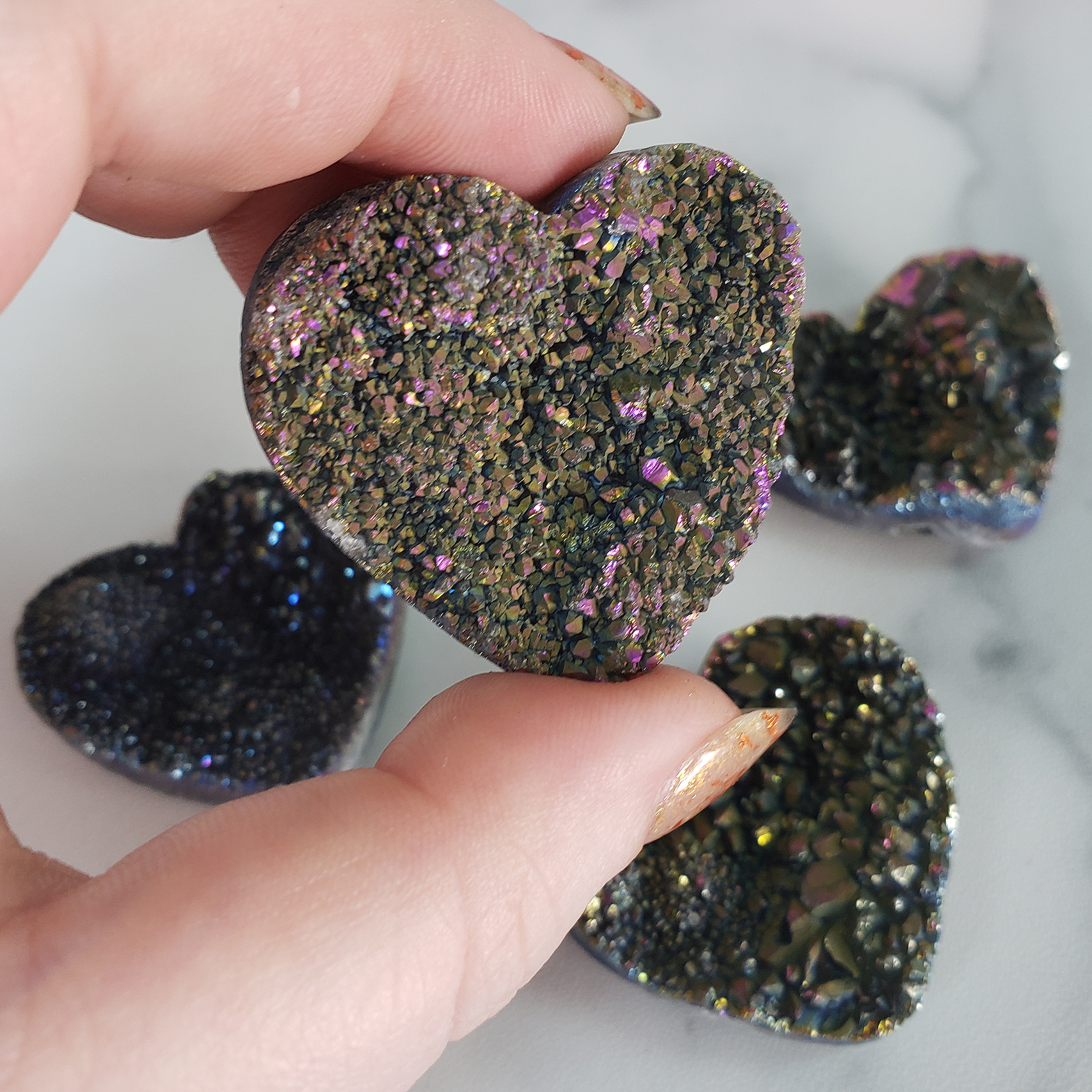 IMPERFECT Titanium Rainbow Aura Quartz Crystal Druzy Heart Shaped Carving - 2