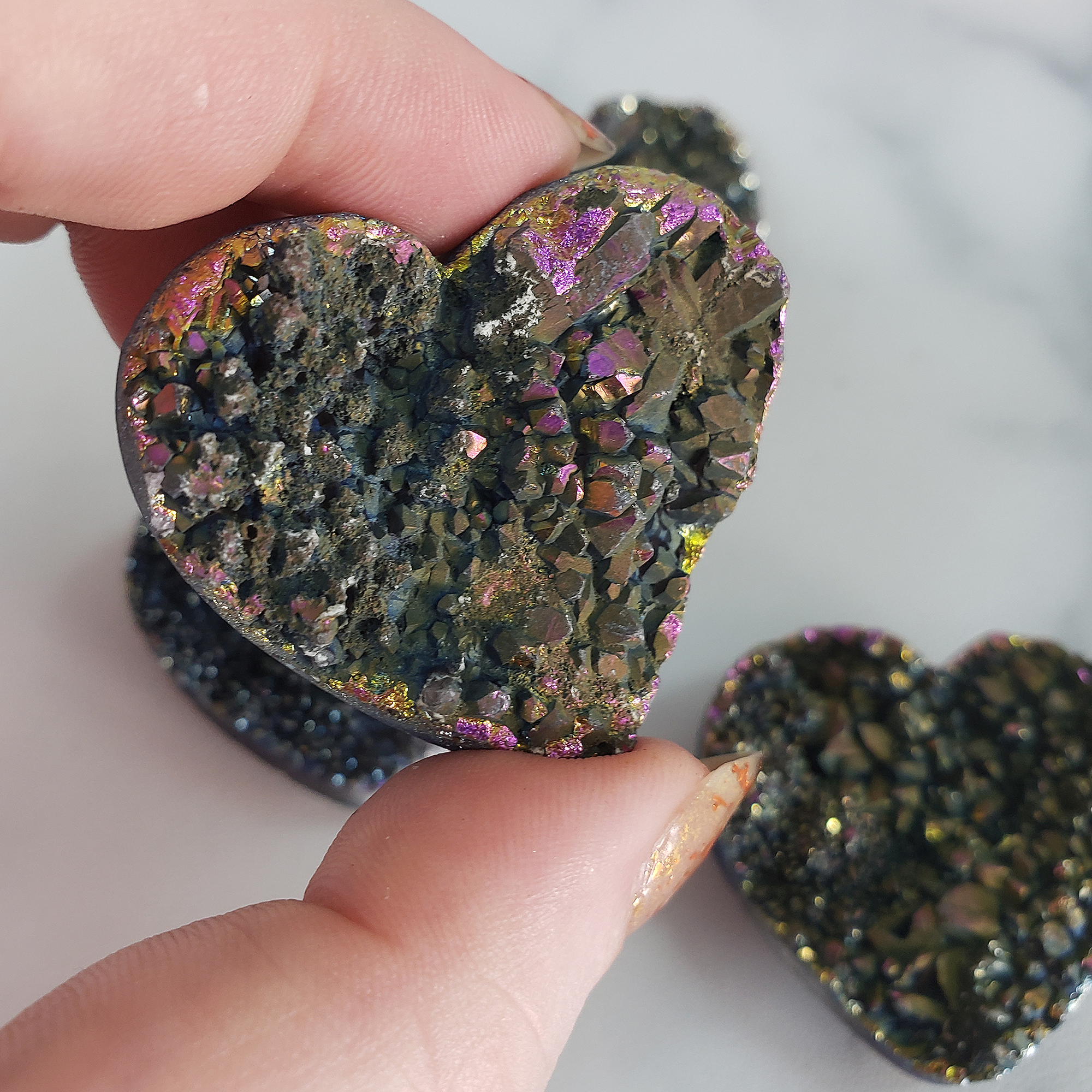 IMPERFECT Titanium Rainbow Aura Quartz Crystal Druzy Heart Shaped Carving - 1