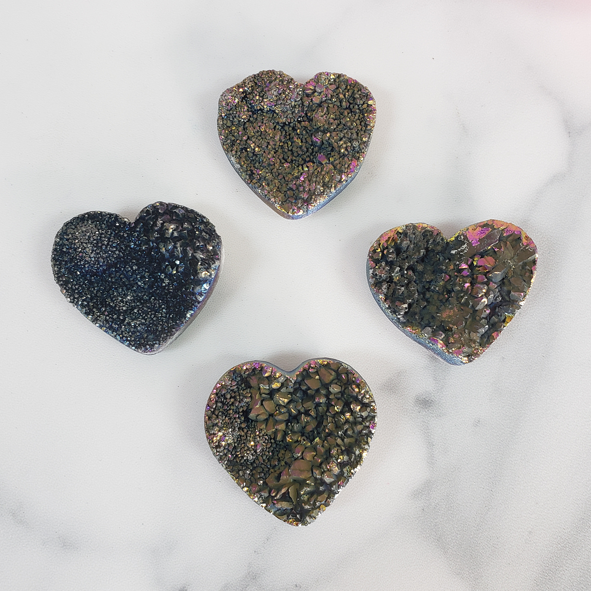 IMPERFECT Titanium Rainbow Aura Quartz Crystal Druzy Heart Shaped Carving