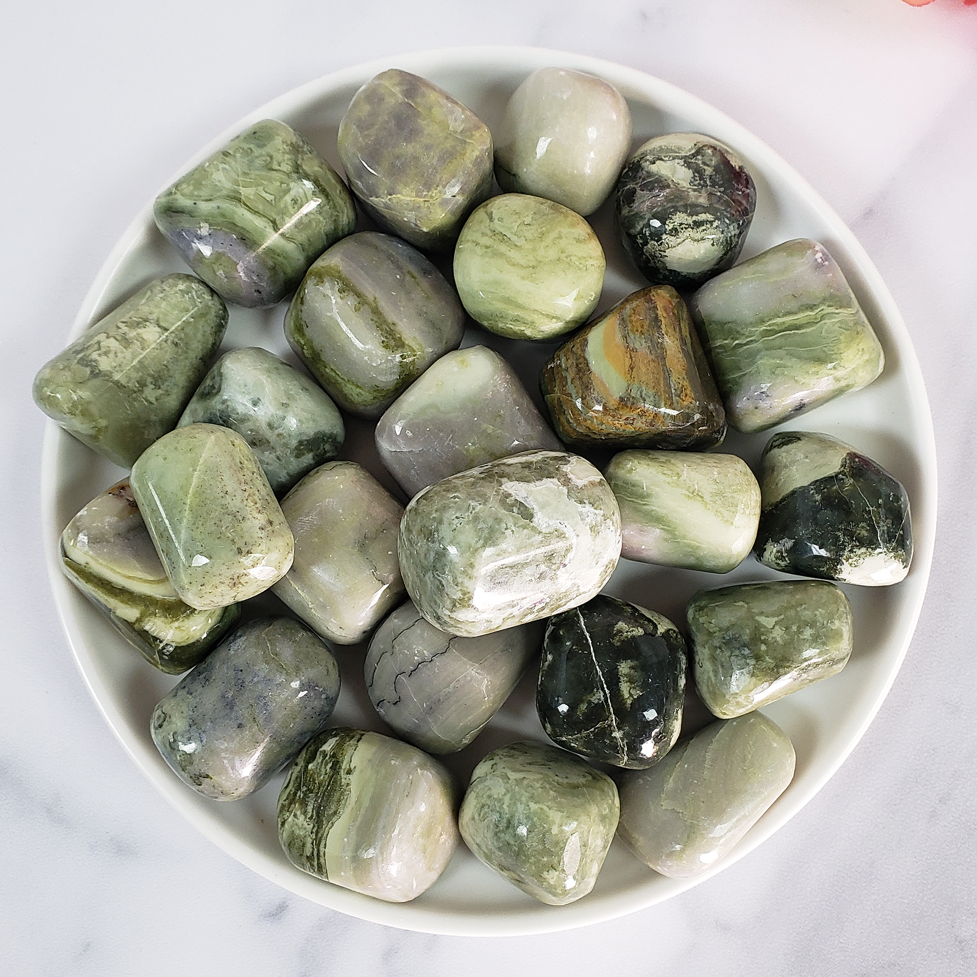 Infinite Serpentine Stone Natural Gemstone Tumbled Crystal - in White Ceramic Dish