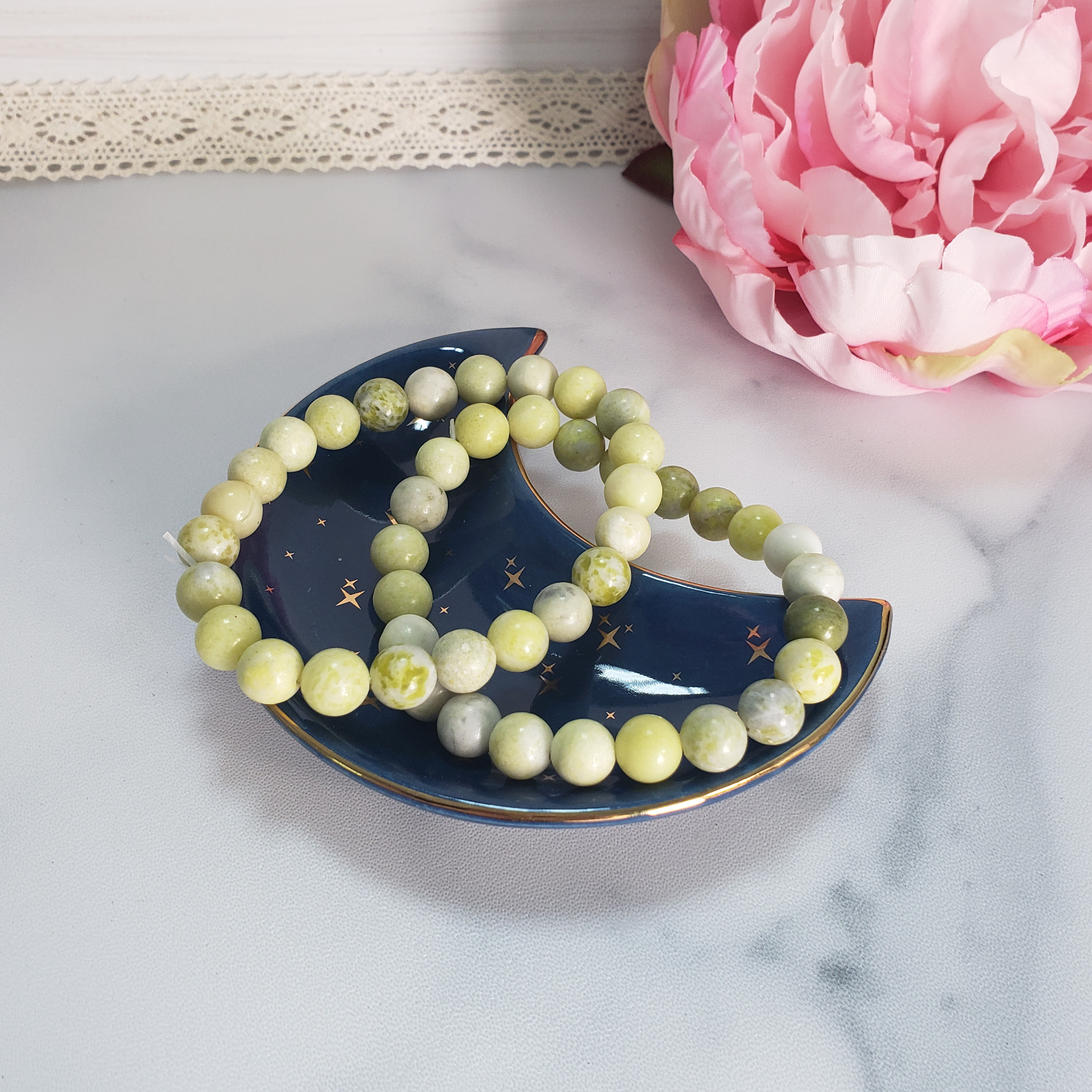 Infinite Serpentine Stone Natural Gemstone 8mm Bead Bracelet - Infinite Serpentine Crystal Bracelets in Jewelry Dish