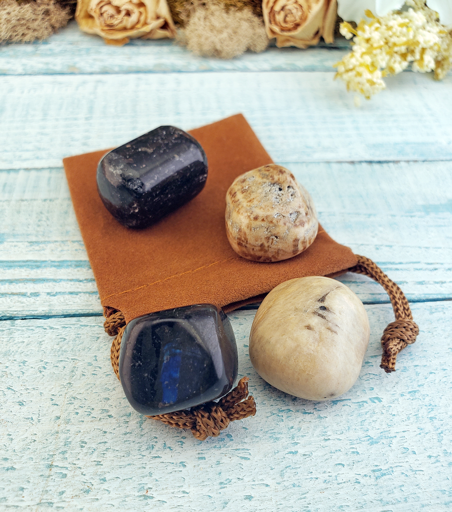 Inspiration & Learning - Set of Four Tumbled Stones with Pouch - Unique Spiritual Gifts 