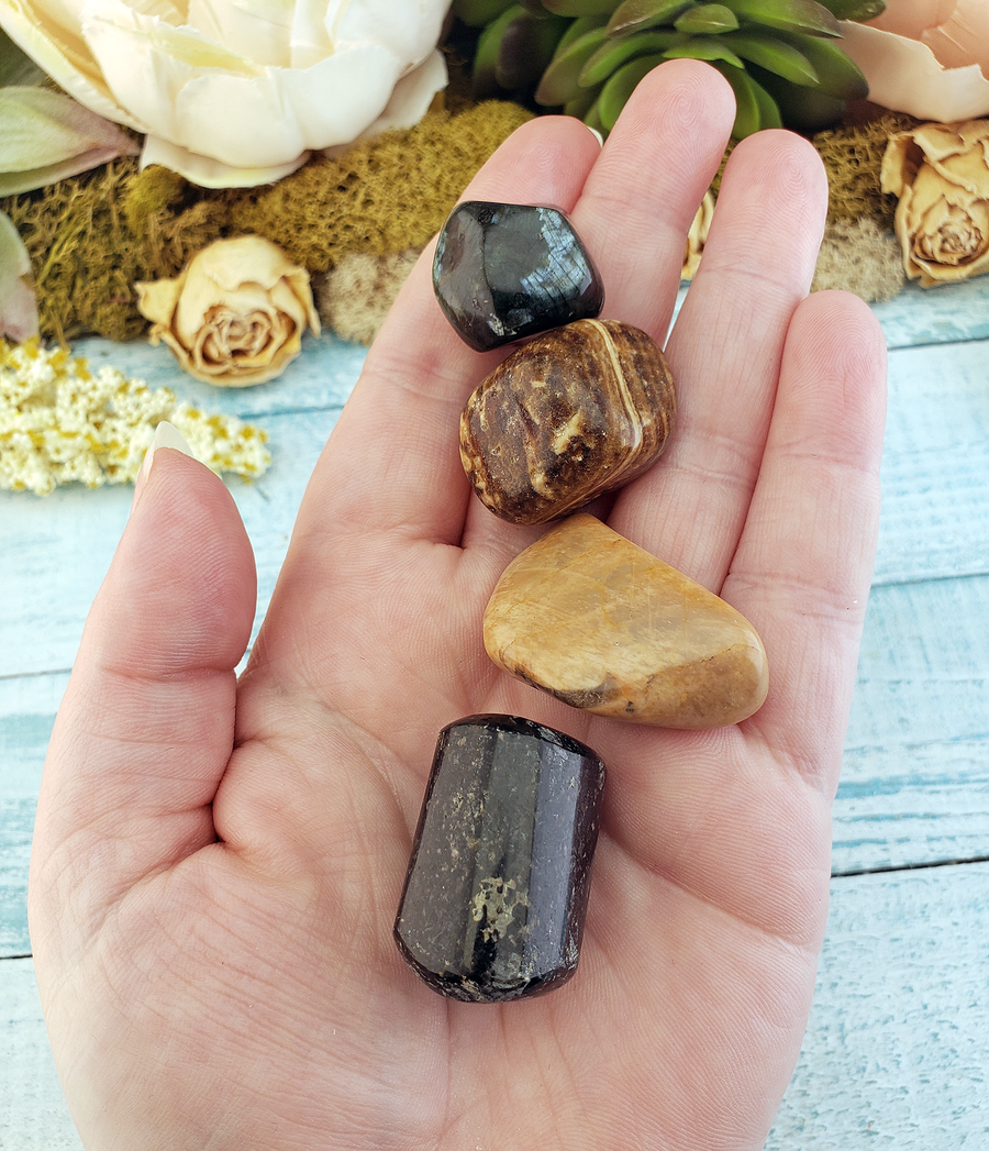 Inspiration & Learning - Set of Four Tumbled Stones with Pouch - Flashy Larvikite and Black Galaxy Jasper