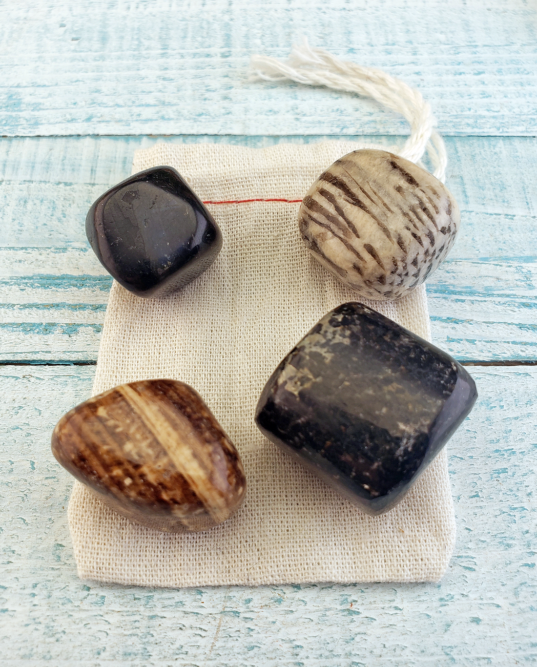 Inspiration & Learning - Set of Four Tumbled Stones with Pouch - Aragonite Jasper Zebradorite Larvikite