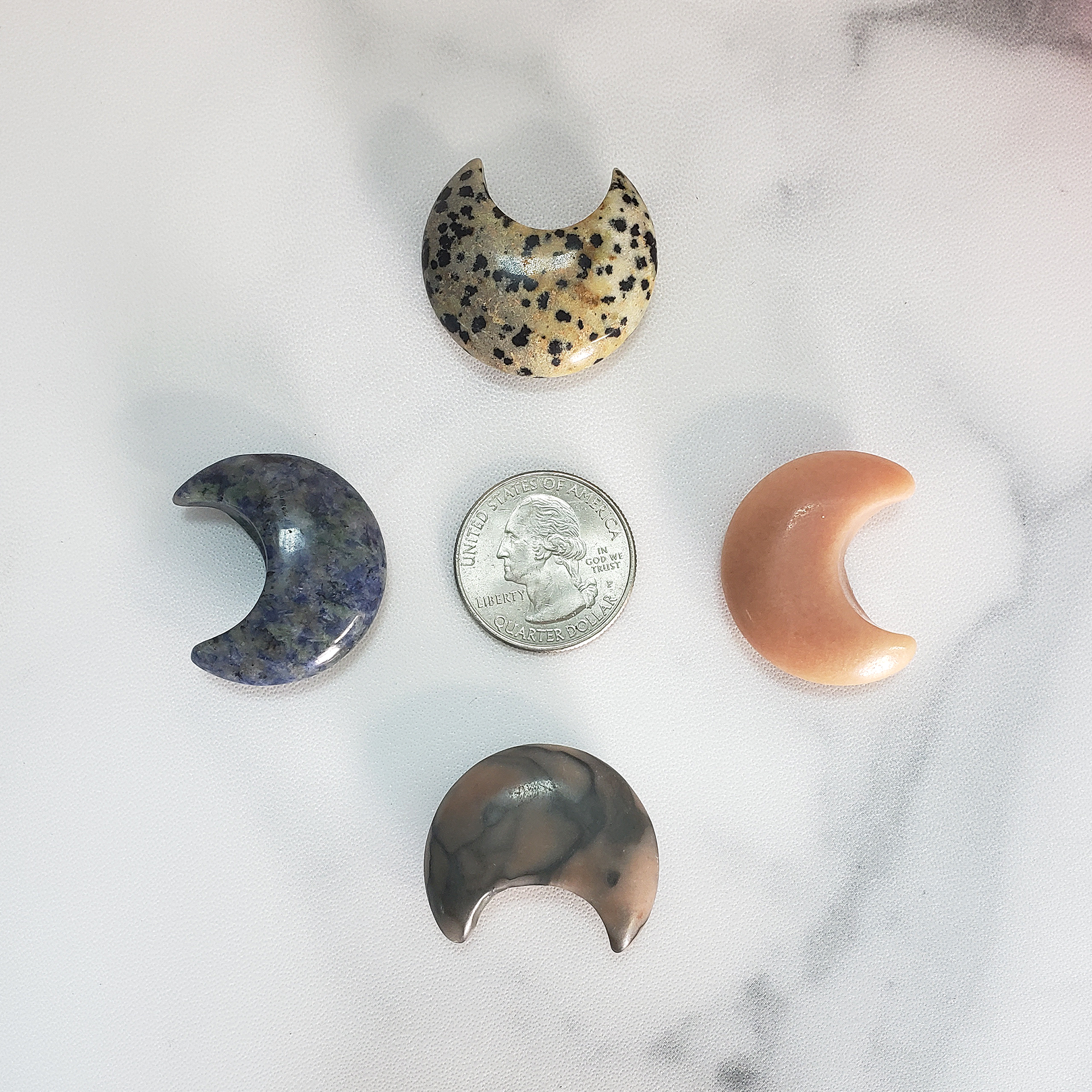 Intuitively Chosen Natural Gemstone Crescent Moon Carving Fidget Stone - Size Comparison