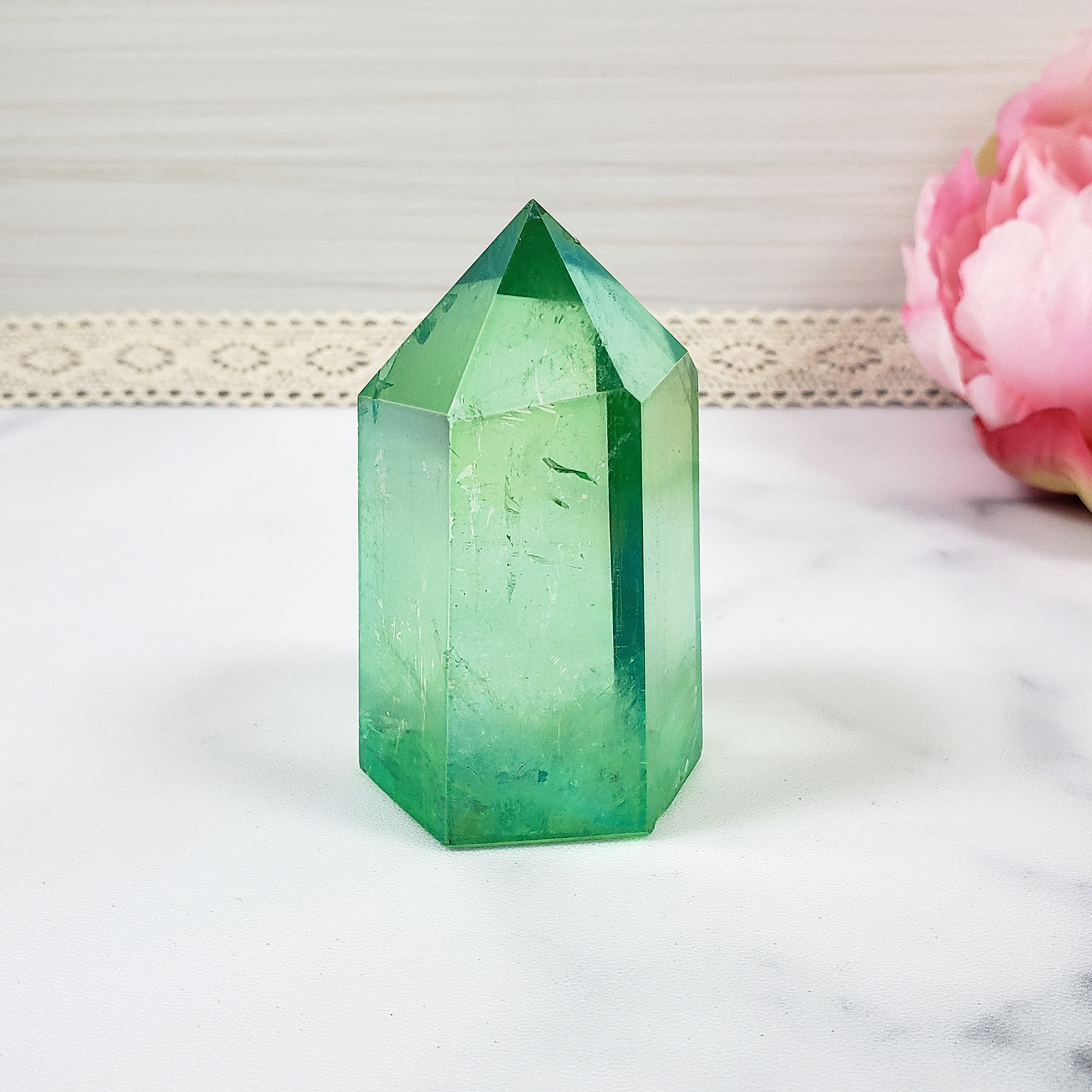 Unique Green Apple Aura Quartz Crystal Tower Rainbow Crystal Point - Jack