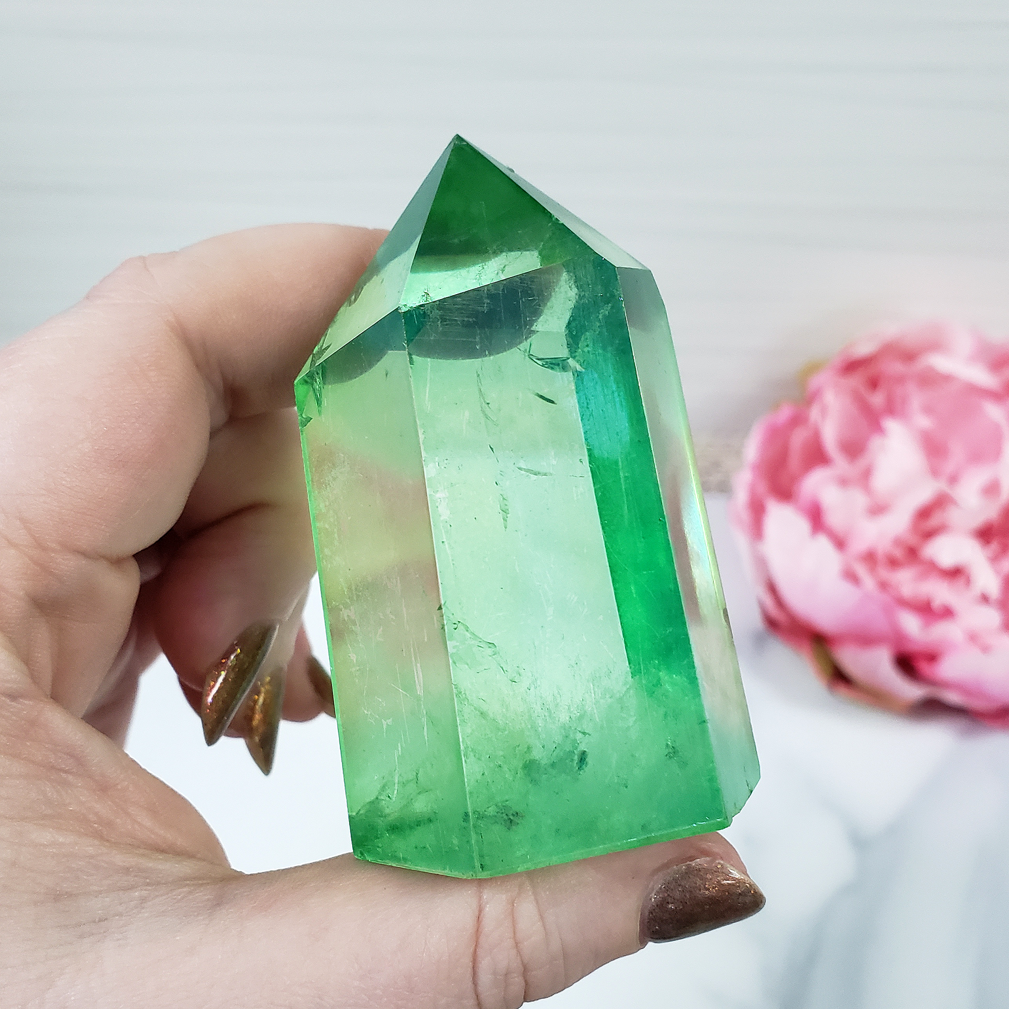 Unique Green Apple Aura Quartz Crystal Tower Rainbow Crystal Point - Jack - In Hand