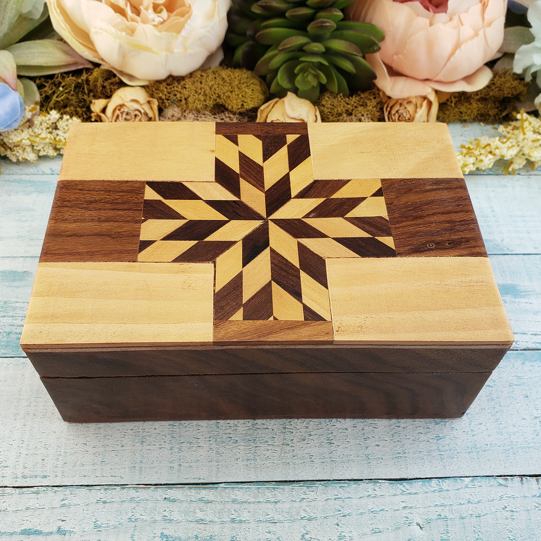 Kaleidoscope Pattern Mosaic Wooden Decorative Trinket Storage Box - 6 x 4 Inches