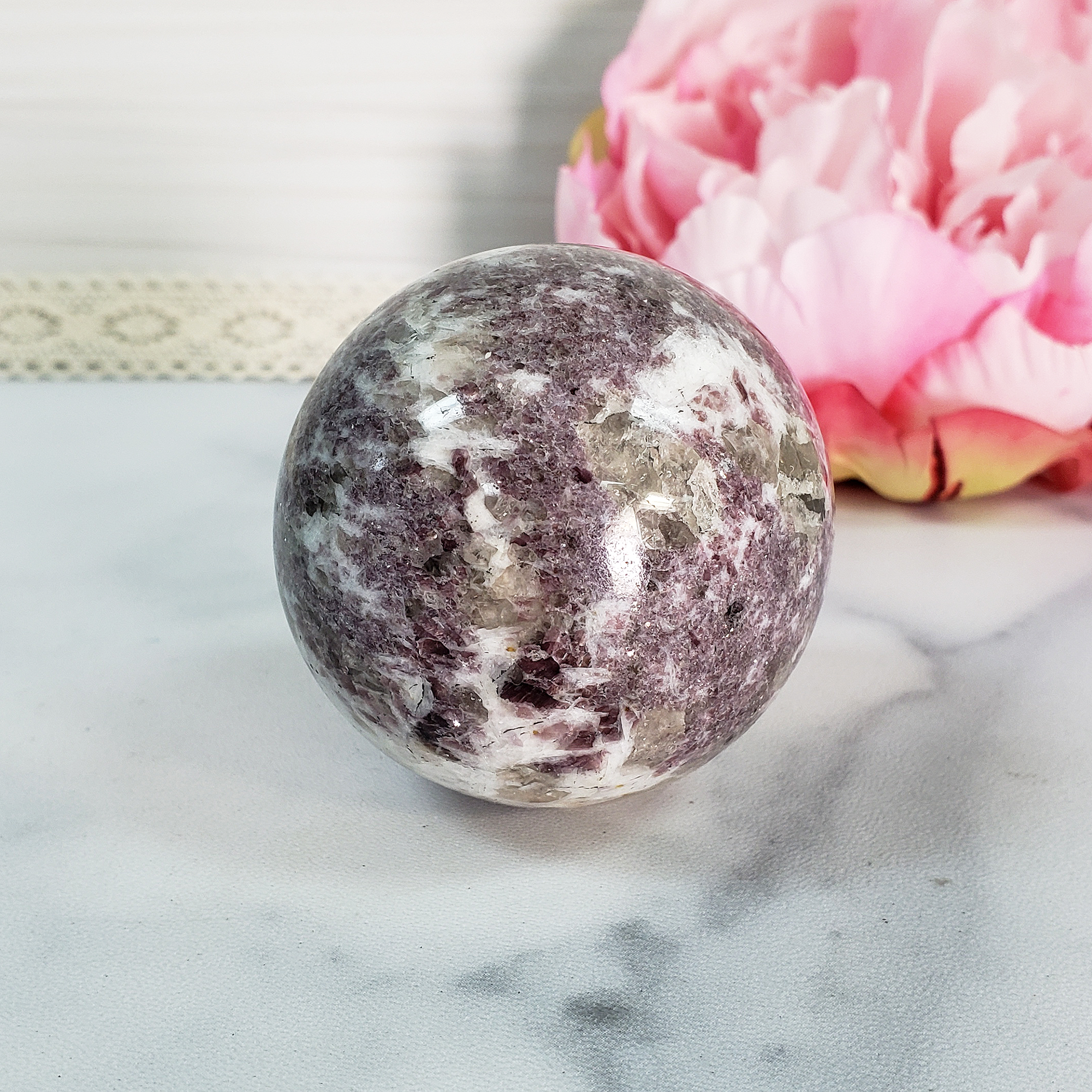 Unique Lepidolite in Milky Quartz Crystal Sphere Natural Gemstone Orb | 51mm | Kuebiko