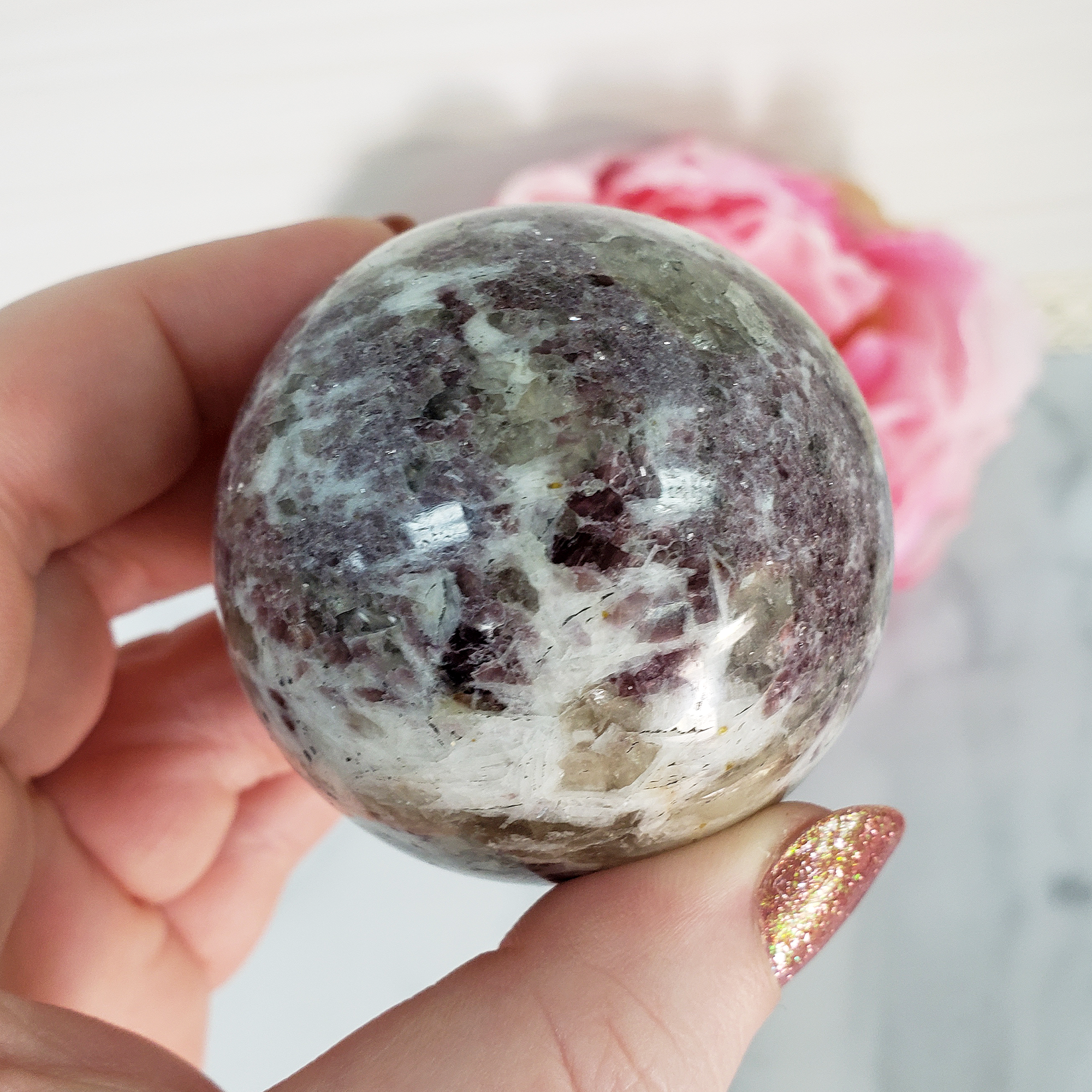 Unique Lepidolite in Milky Quartz Crystal Sphere Natural Gemstone Orb | 51mm | Kuebiko - 9