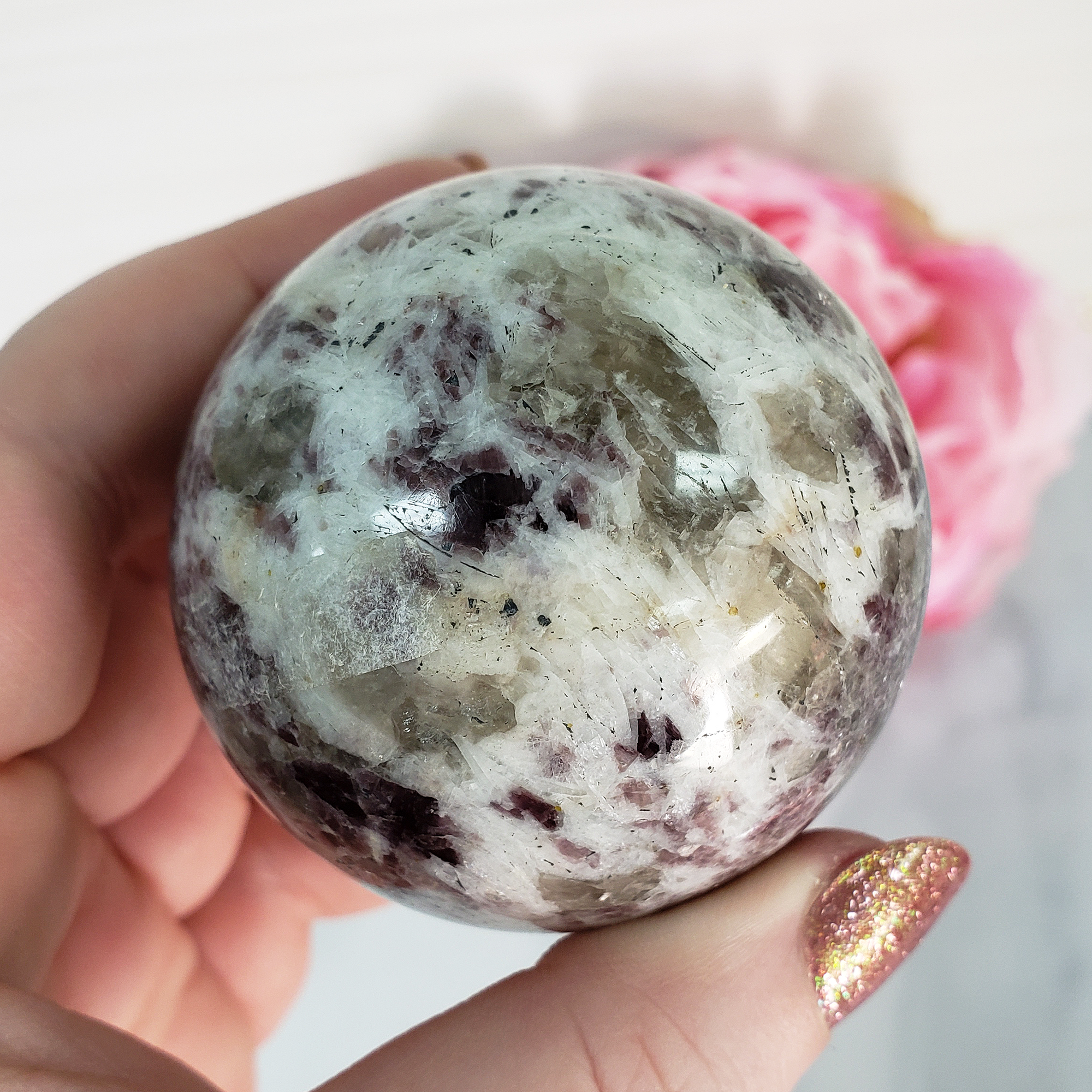 Unique Lepidolite in Milky Quartz Crystal Sphere Natural Gemstone Orb | 51mm | Kuebiko - 1