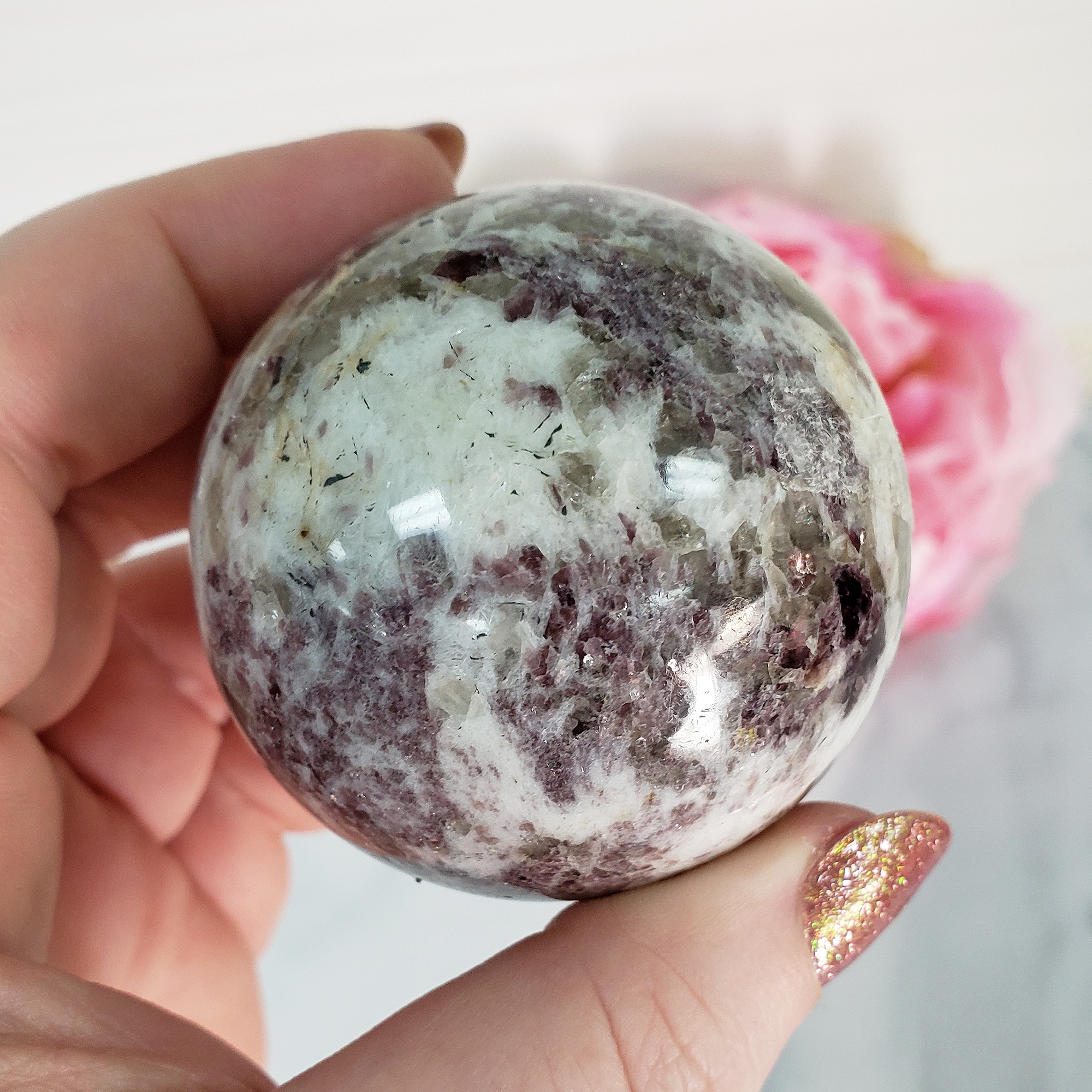 Unique Lepidolite in Milky Quartz Crystal Sphere Natural Gemstone Orb | 51mm | Kuebiko - 2