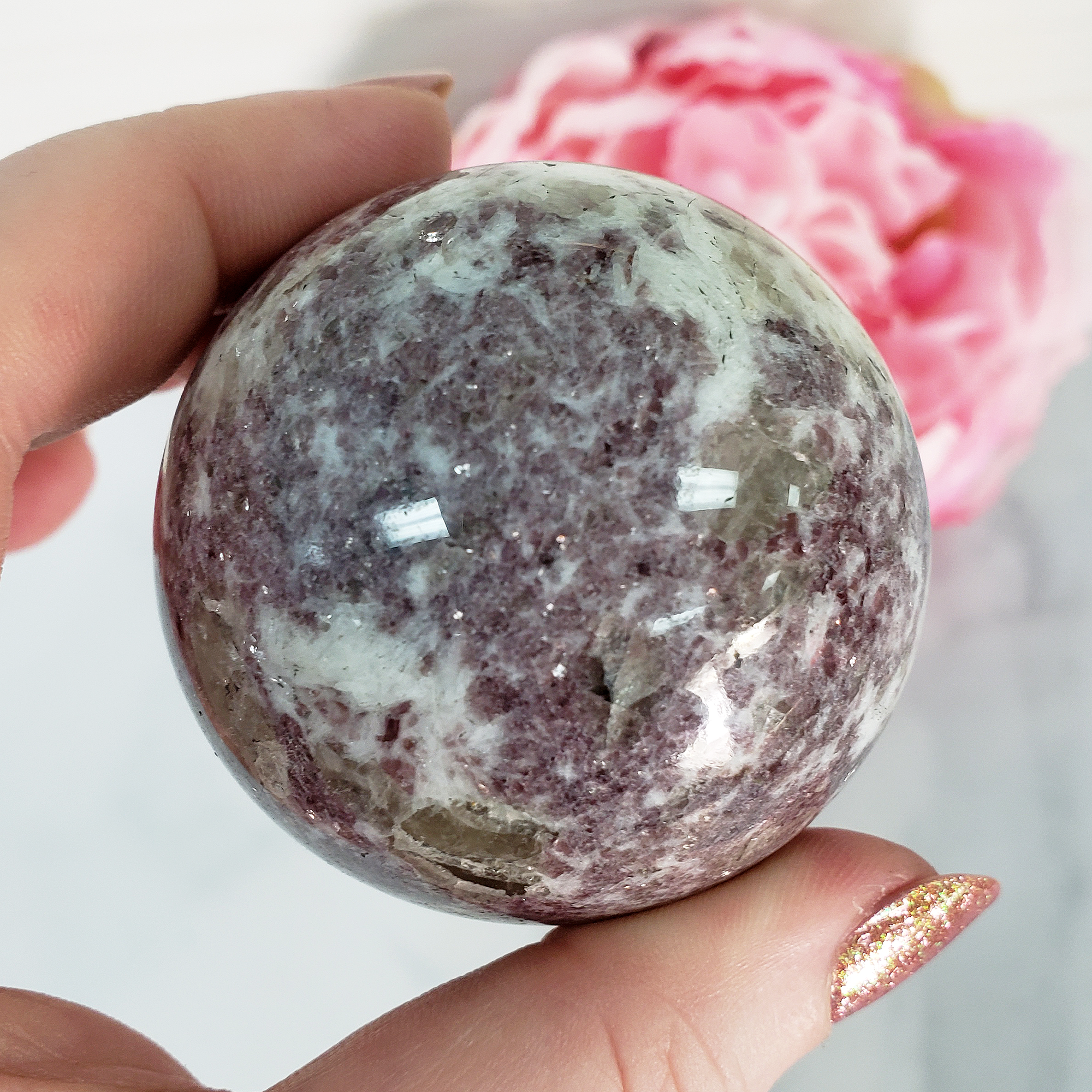 Unique Lepidolite in Milky Quartz Crystal Sphere Natural Gemstone Orb | 51mm | Kuebiko - 3