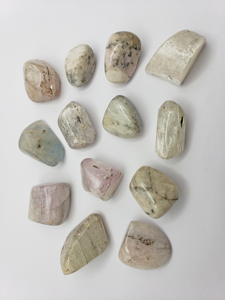 tumbled kunzite on white background