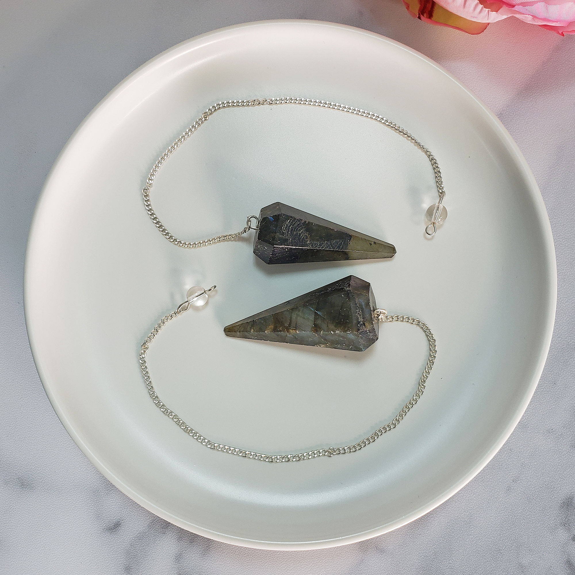 Labradorite Gemstone Polished Pendulum - In White Ceramic Dish