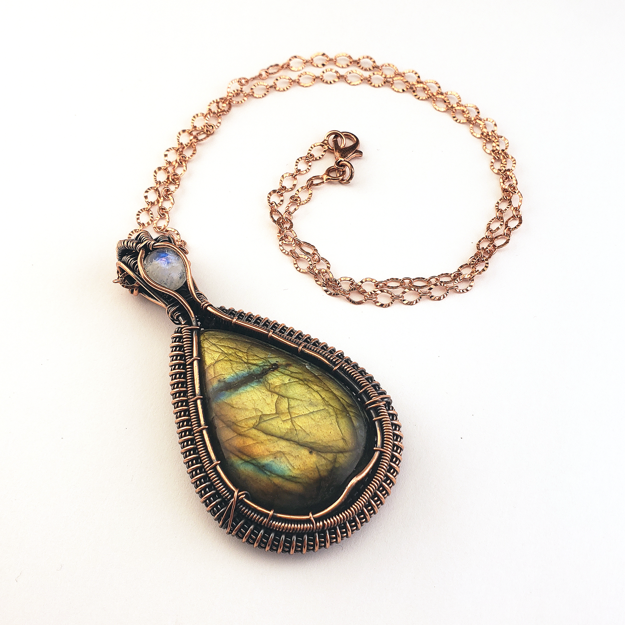 Labradorite & Rainbow Moonstone Wire Wrapped Copper Pendant Natural Crystal Necklace with Chain - Gershwin