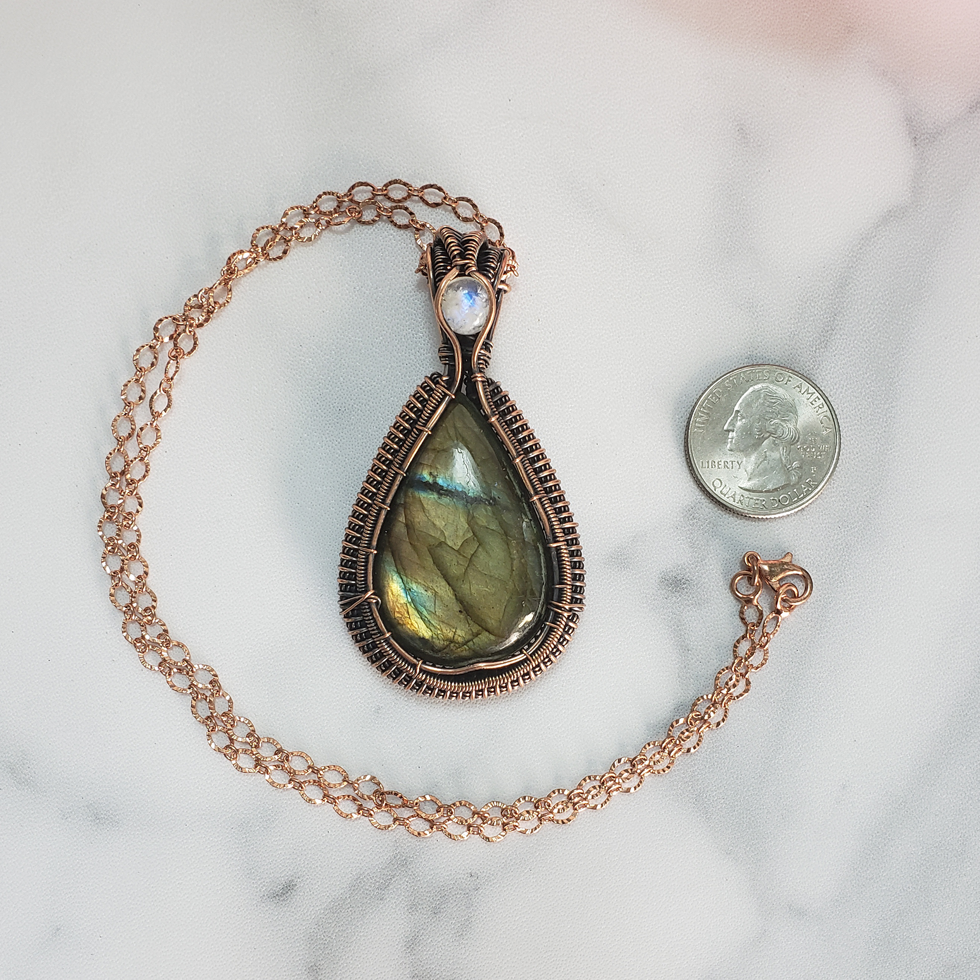 Labradorite & Rainbow Moonstone Wire Wrapped Copper Pendant Natural Crystal Necklace with Chain - Gershwin - Size Comparison