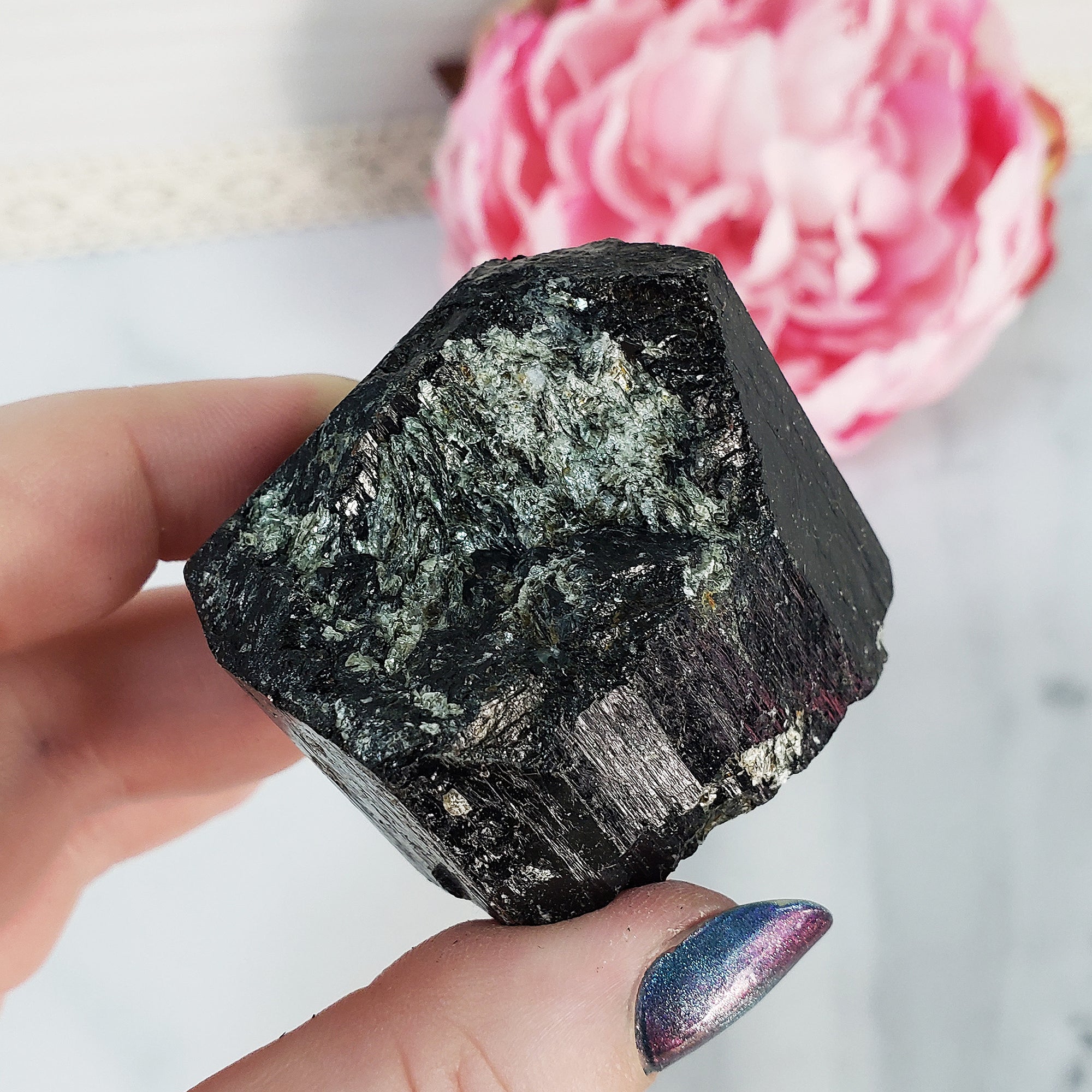 Raw Black Tourmaline Crystal Natural Rough Gemstone with Schist inclusions