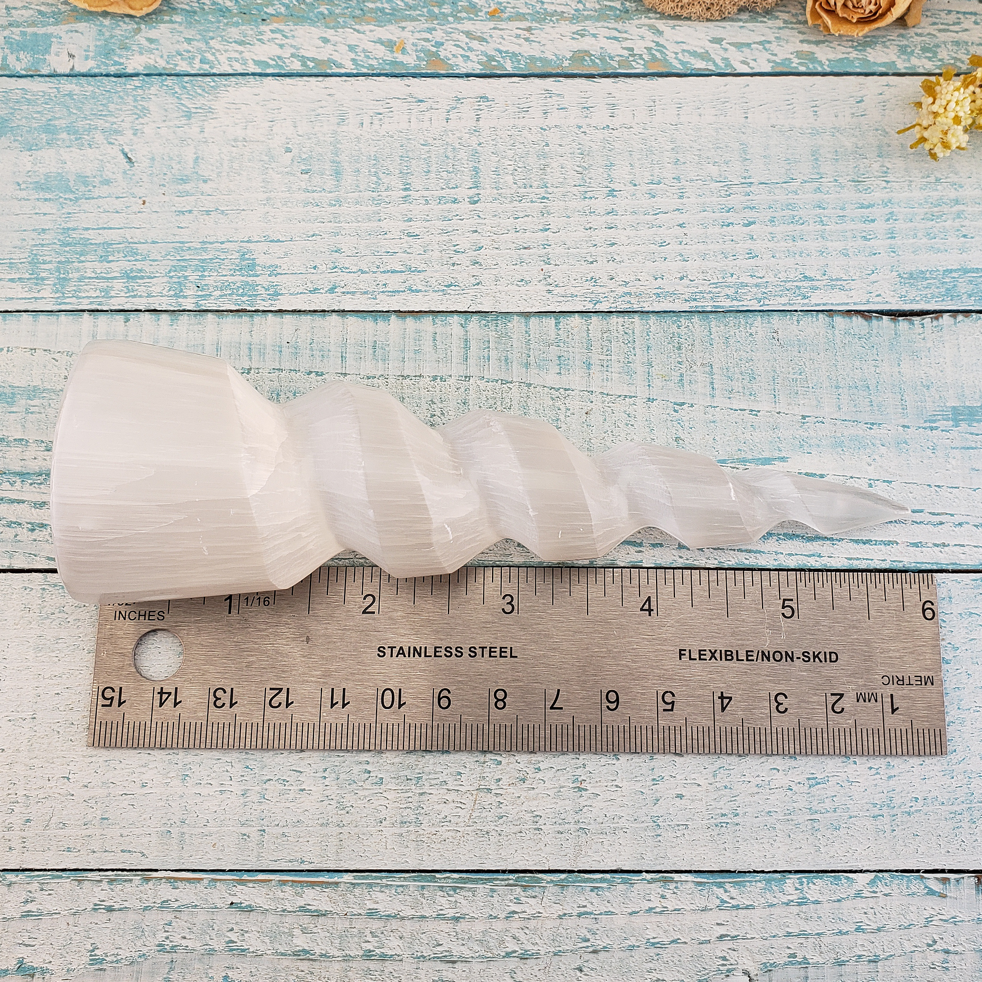 White Selenite Unicorn Horn Spiral Crystal Tower - One 5.5 Inch Tower - Measurement