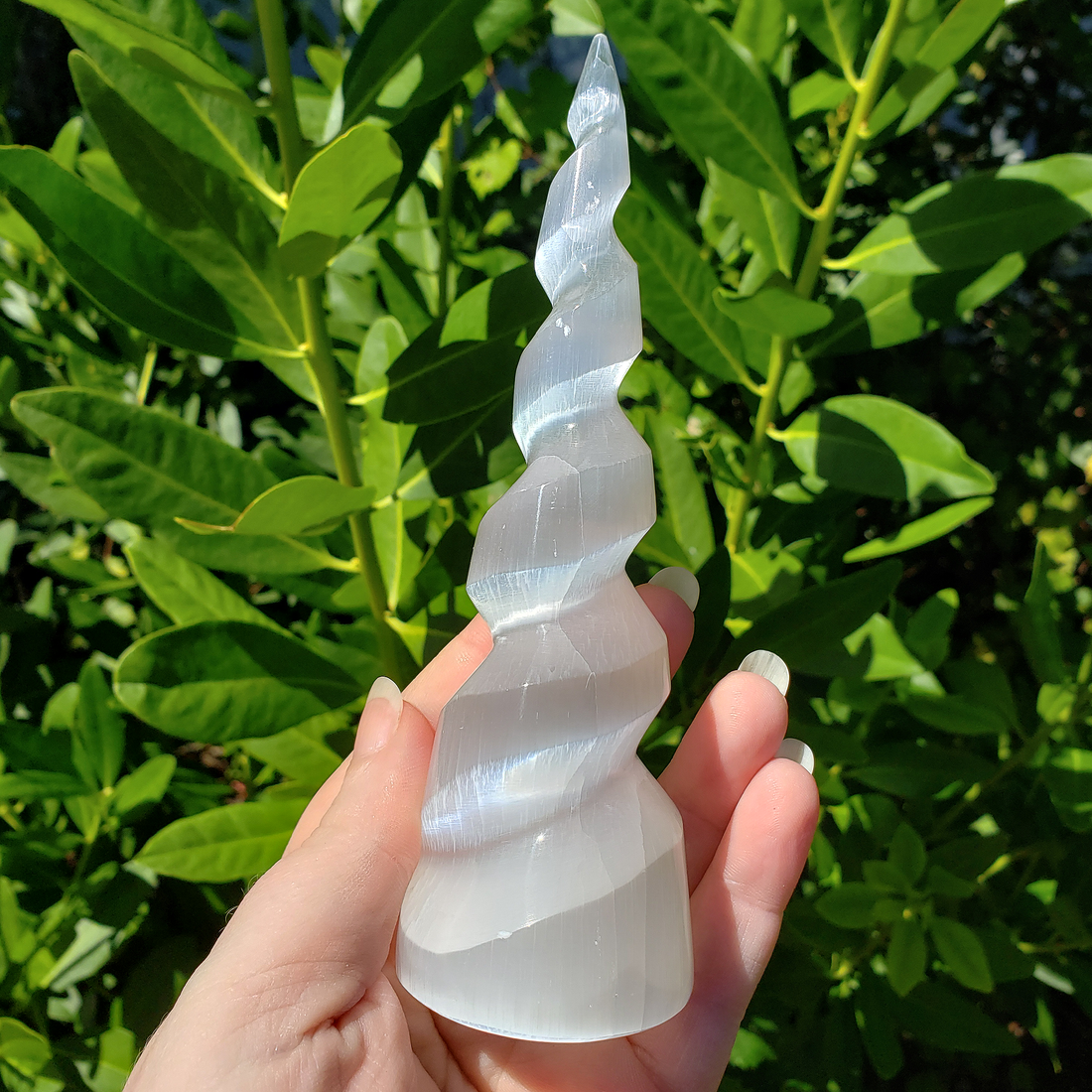 White Selenite Unicorn Horn Spiral Crystal Tower - One 5.5 Inch Tower
