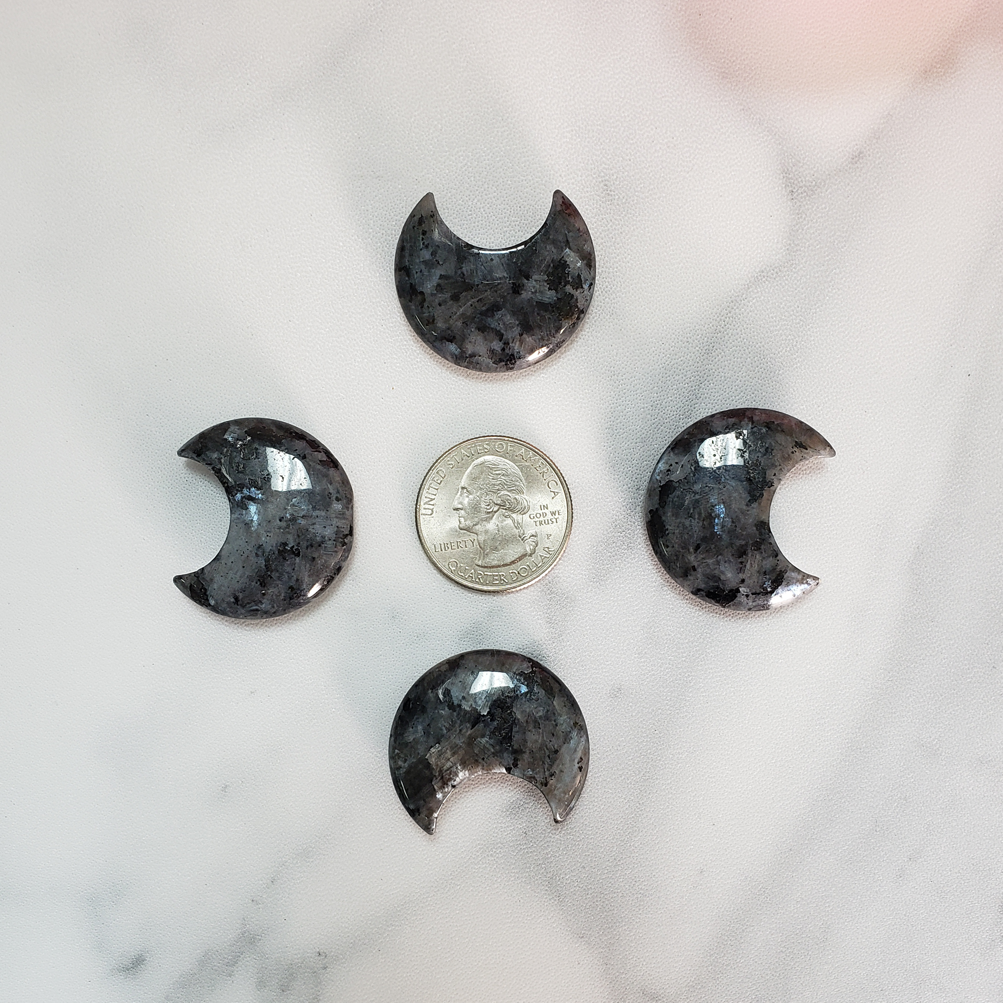 Larvikite Stone Natural Crystal Crescent Moon Carving Fidget Stone - Size Comparison